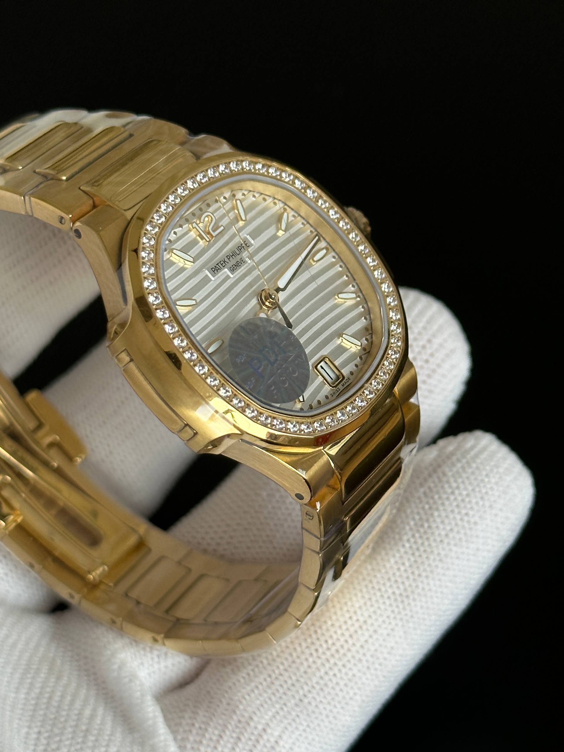 Patek Philippe Nautilus Full Yellow Gold Diamond Bezel White Dial Automatic Watch