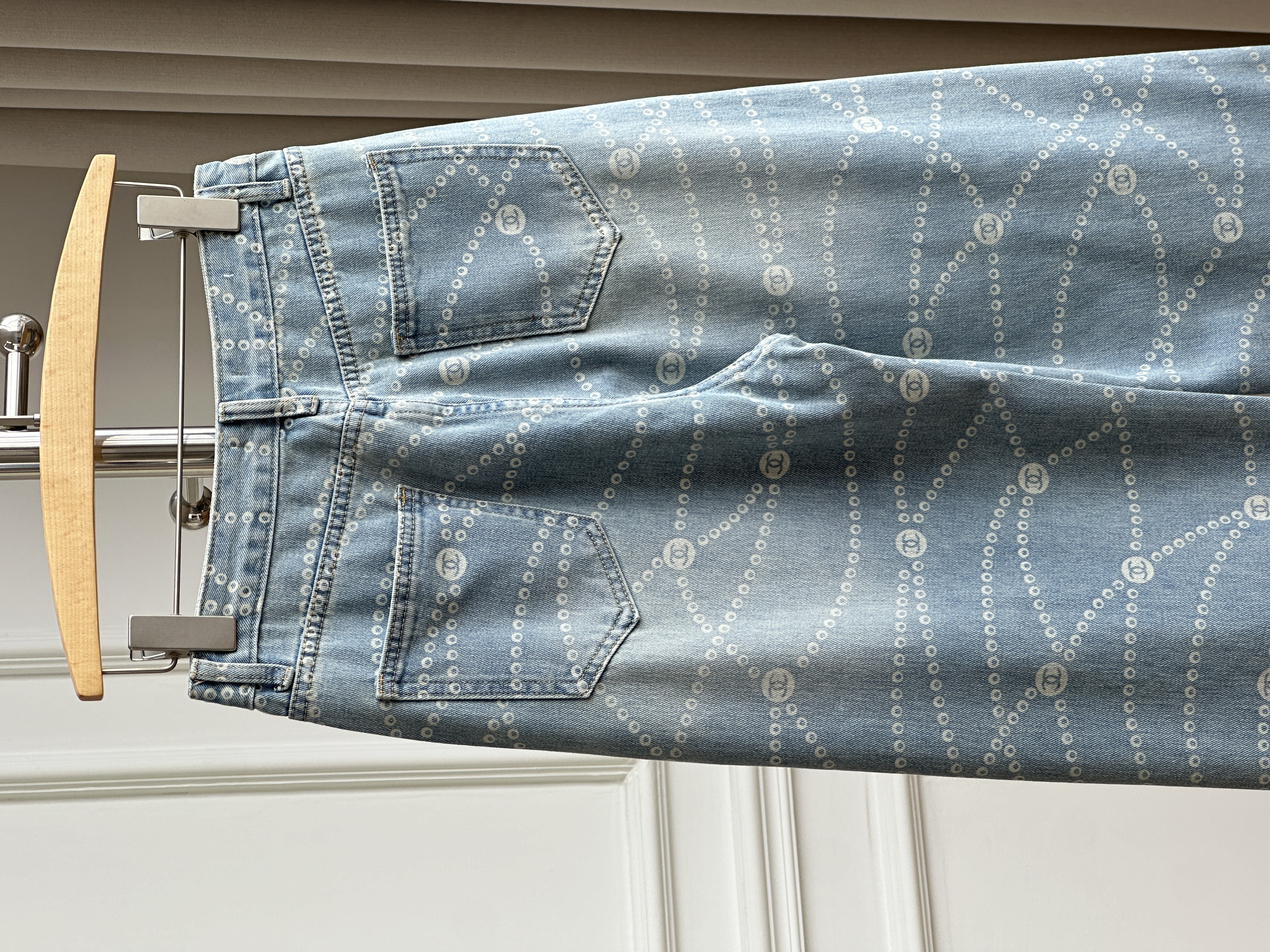 Chanel 25P Light Blue Pearl Chain Print Straight-Leg Jeans