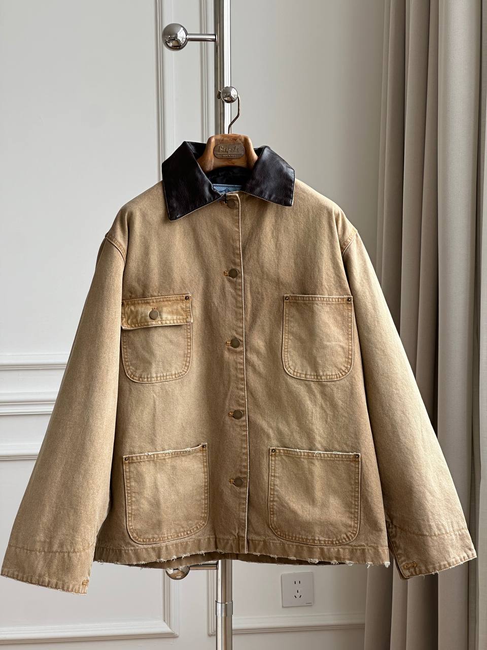 Vintage Washed Khaki Workwear Jacket With Black Leather Collar, Multi-Pocket Raw Hem Loose Coat