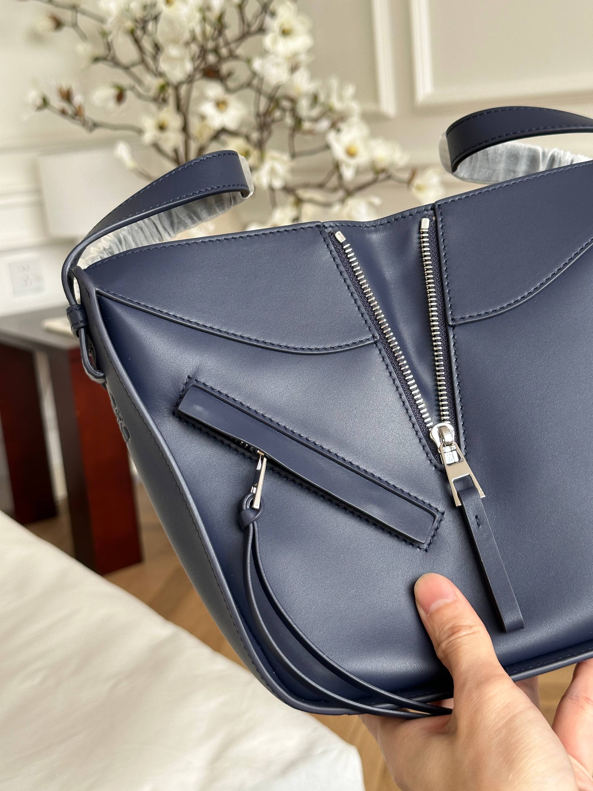 LOEWE Small Hammock Dark Navy Smooth Leather Bag with Anagram Webbing Strap