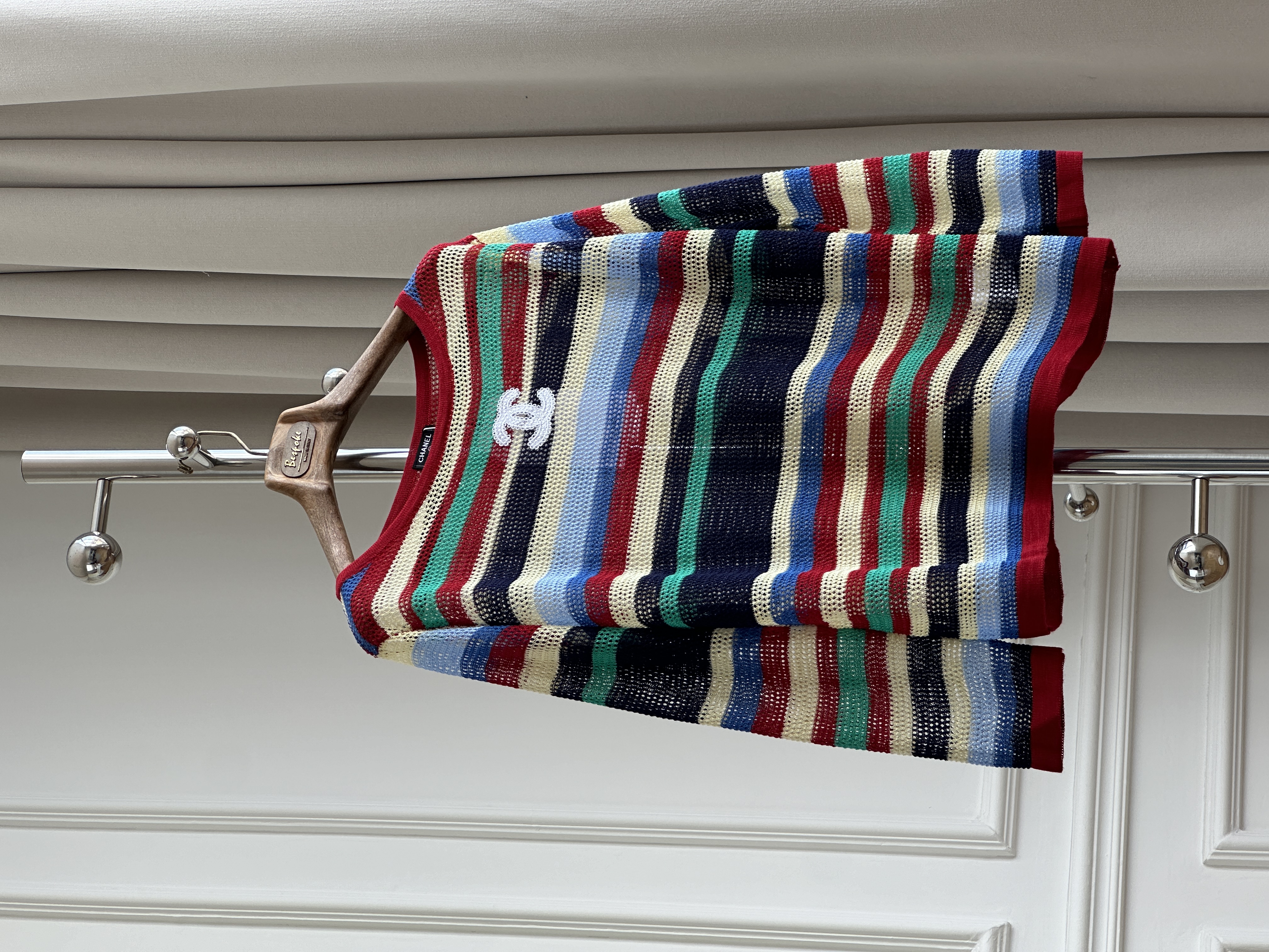 Chanel Color Stripe Hollow Mesh Knit Top With Embroidered Interlocking CC Logo