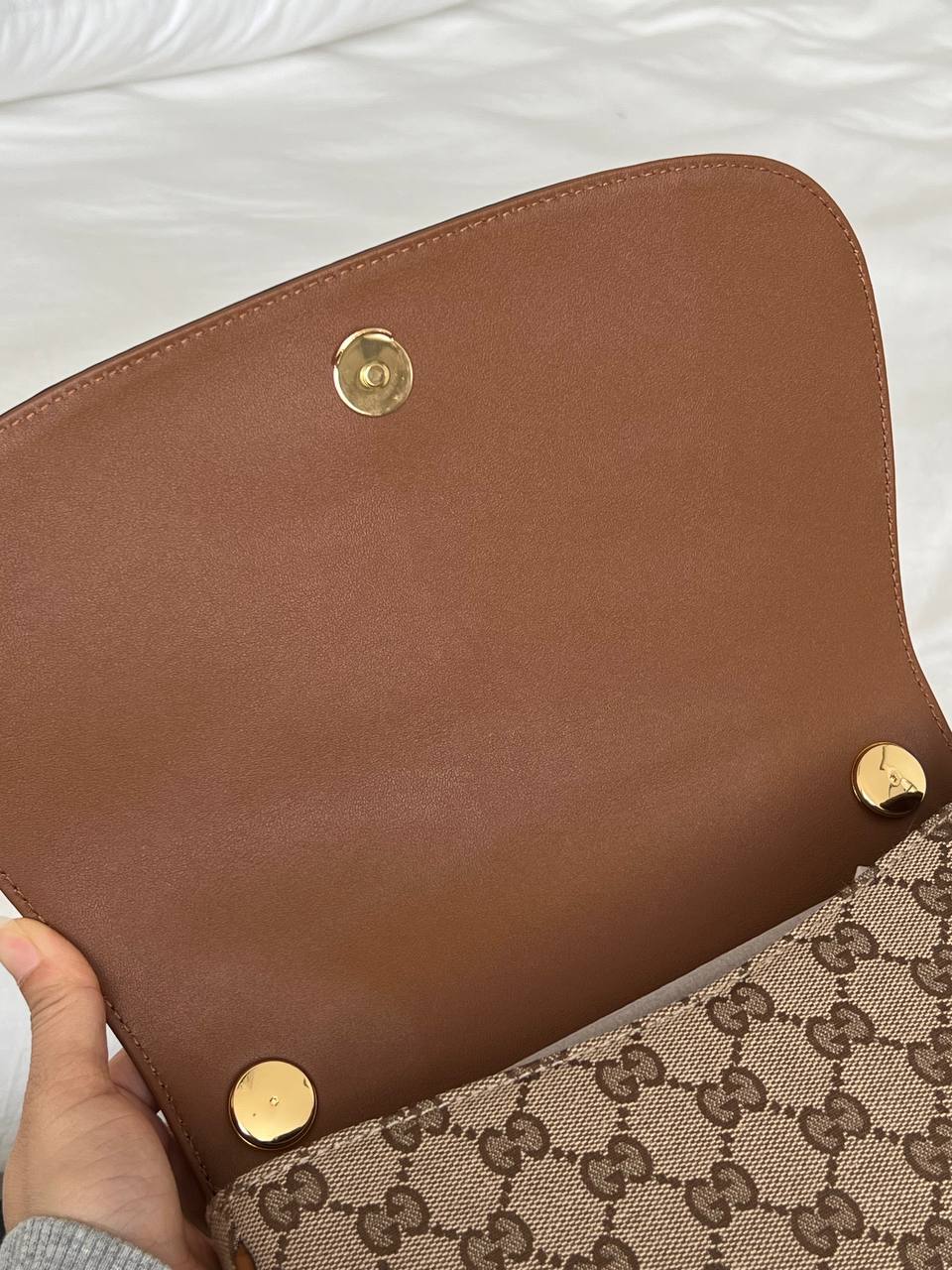 Gucci GG Monogram Canvas Brown Leather Trim Round G-logo Saddle Crossbody Bag