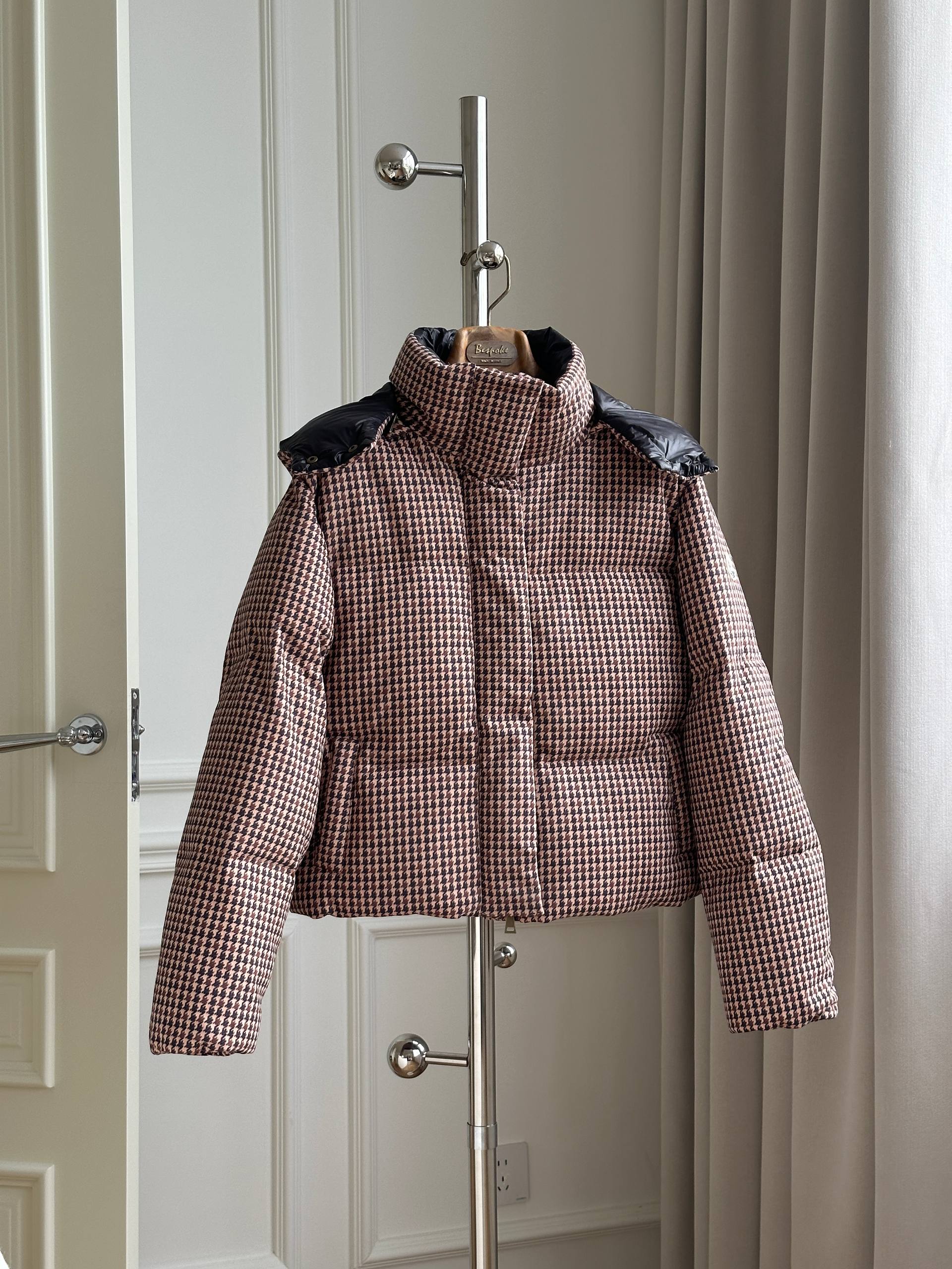 Vintage Pink Brown Houndstooth Detachable Hood Stand Collar Cropped Down Jacket