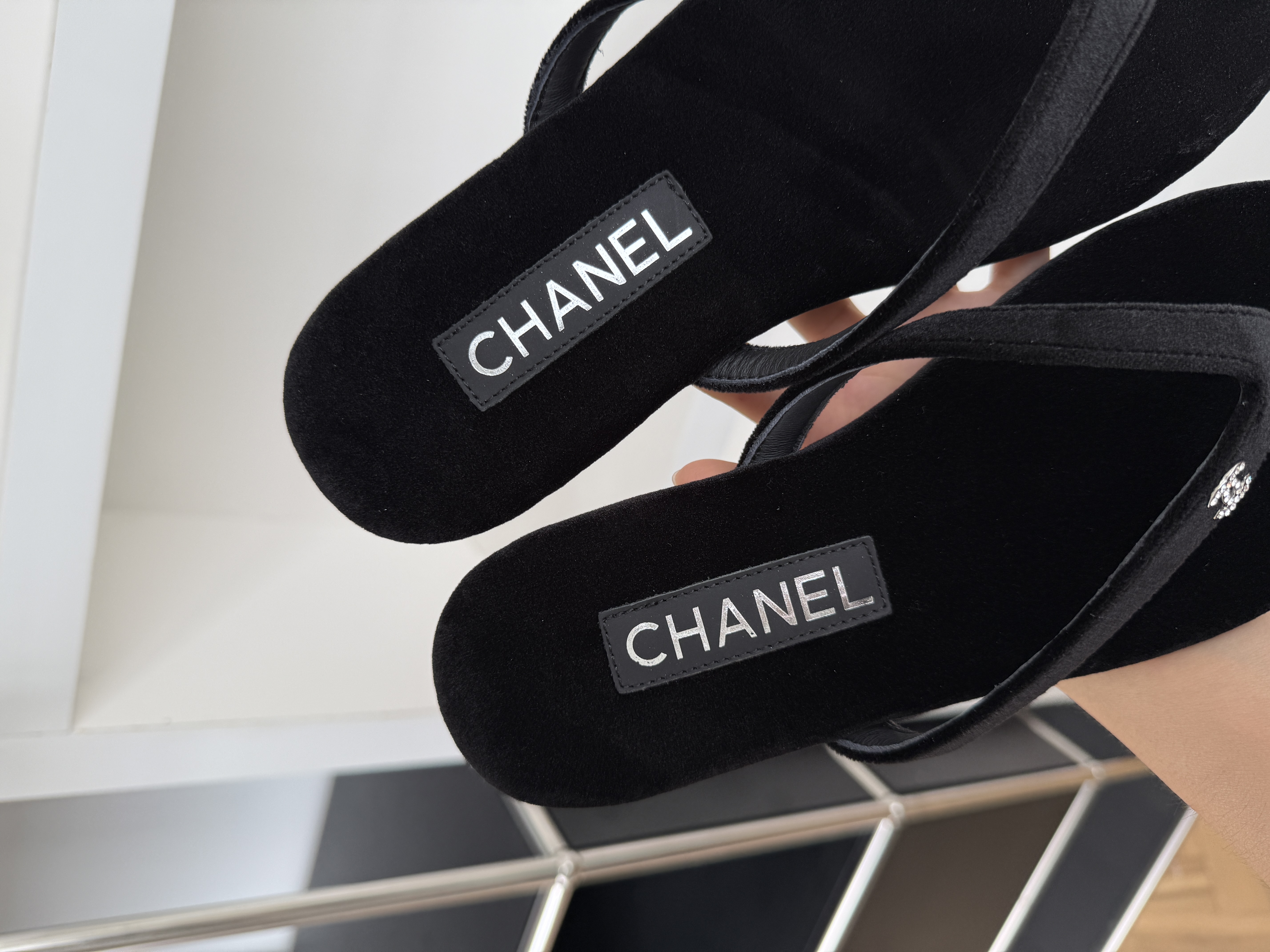 CHANEL Velvet Flip-Flop Sandals with Crystal CC Logo