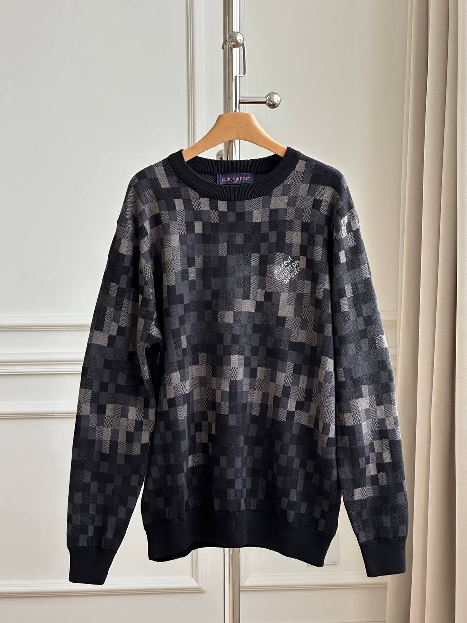 Louis Vuitton Black Grey Gradient Pixel Damier Crew Neck Knit Sweater