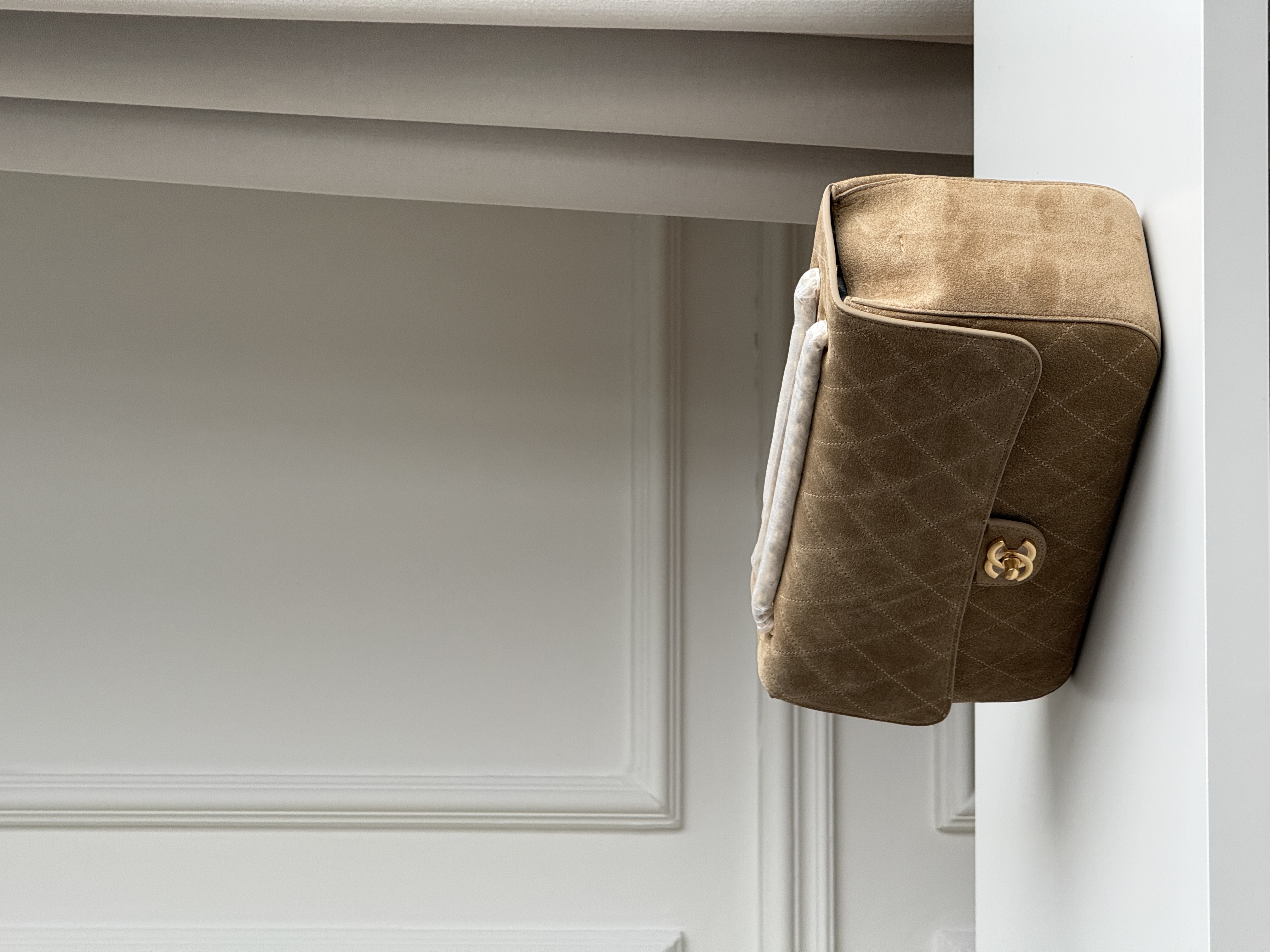 Chanel Light Camel Suede Diamond Quilted Classic Flap Baguette Shoulder Bag