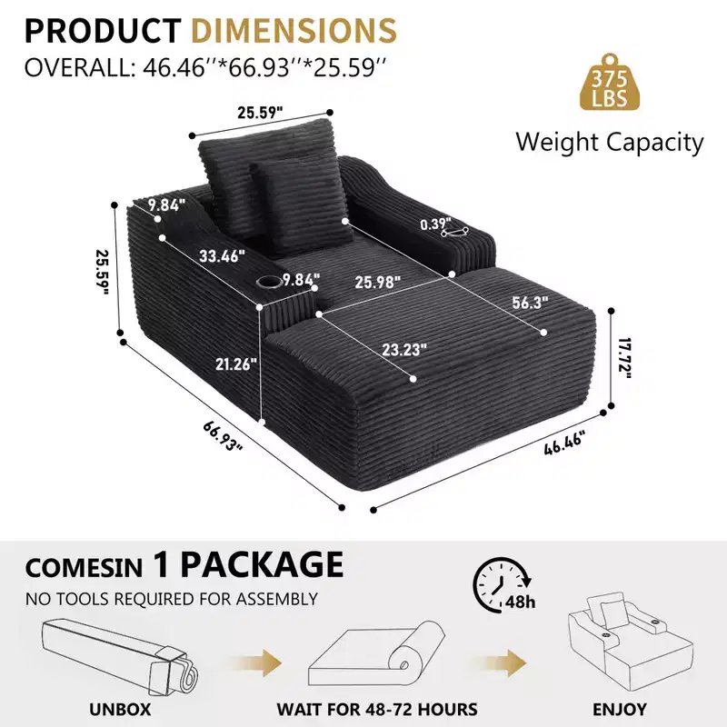 Chaise longue de 170 cm, canapé-lit intérieur avec 2 oreillers, canapé simple sans armature pour salon, aucun assemblage requis