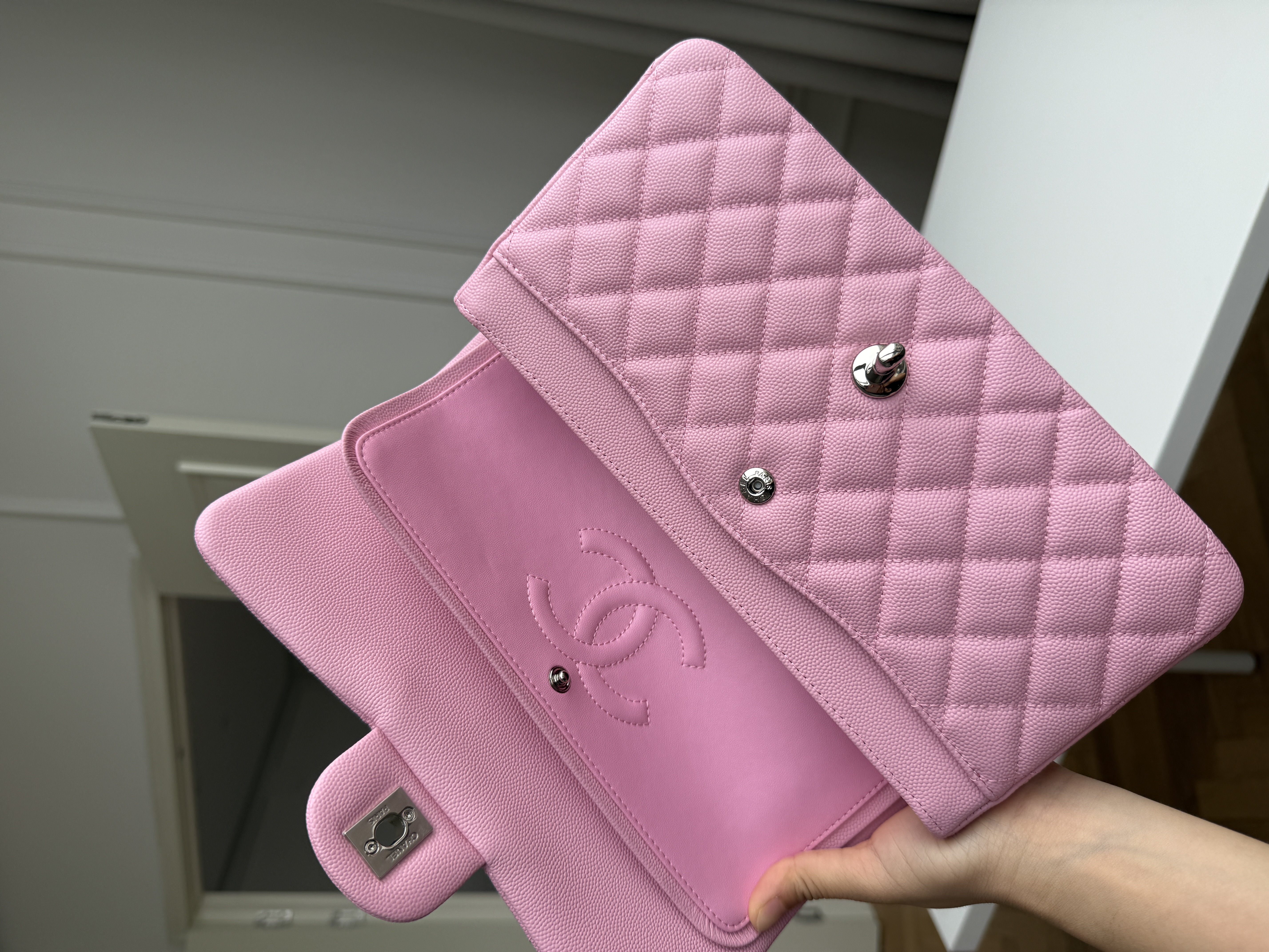 Chanel Sakura Pink Caviar Leather Medium Classic Flap Silver CC Chain Bag
