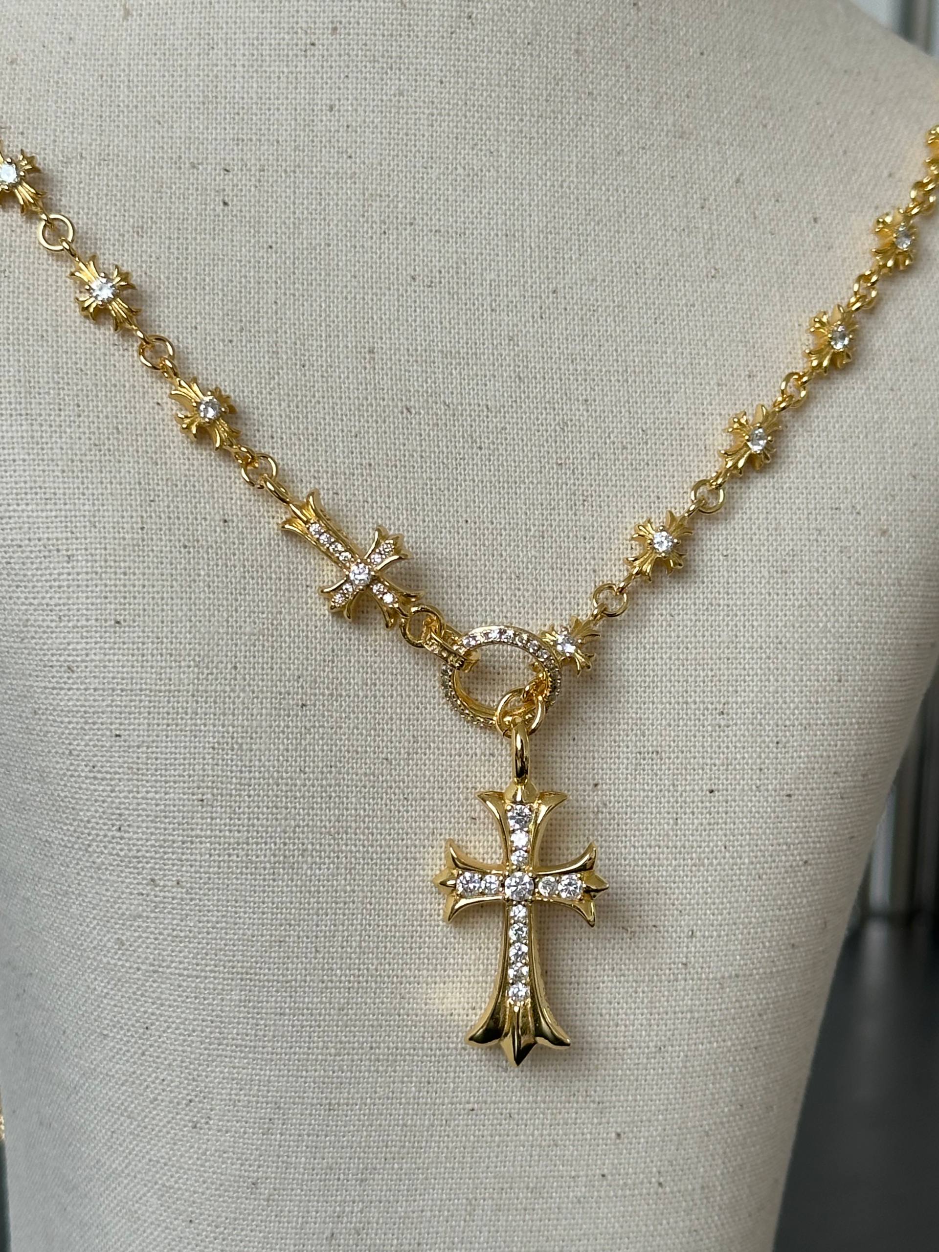 Chrome Hearts Cross Pendant Necklace with Blue Enamel/Stones