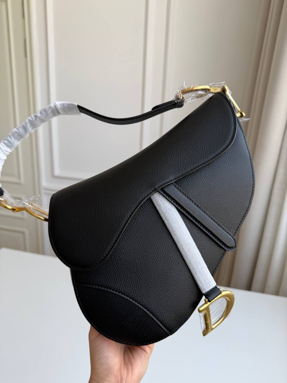 Dior Medium Saddle Bag in Black Grained Calfskin with Strap