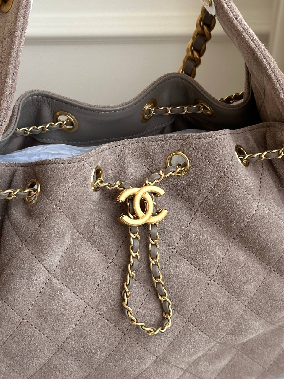 Chanel Taupe Suede Quilted Drawstring Chain Handle Tote Bag
