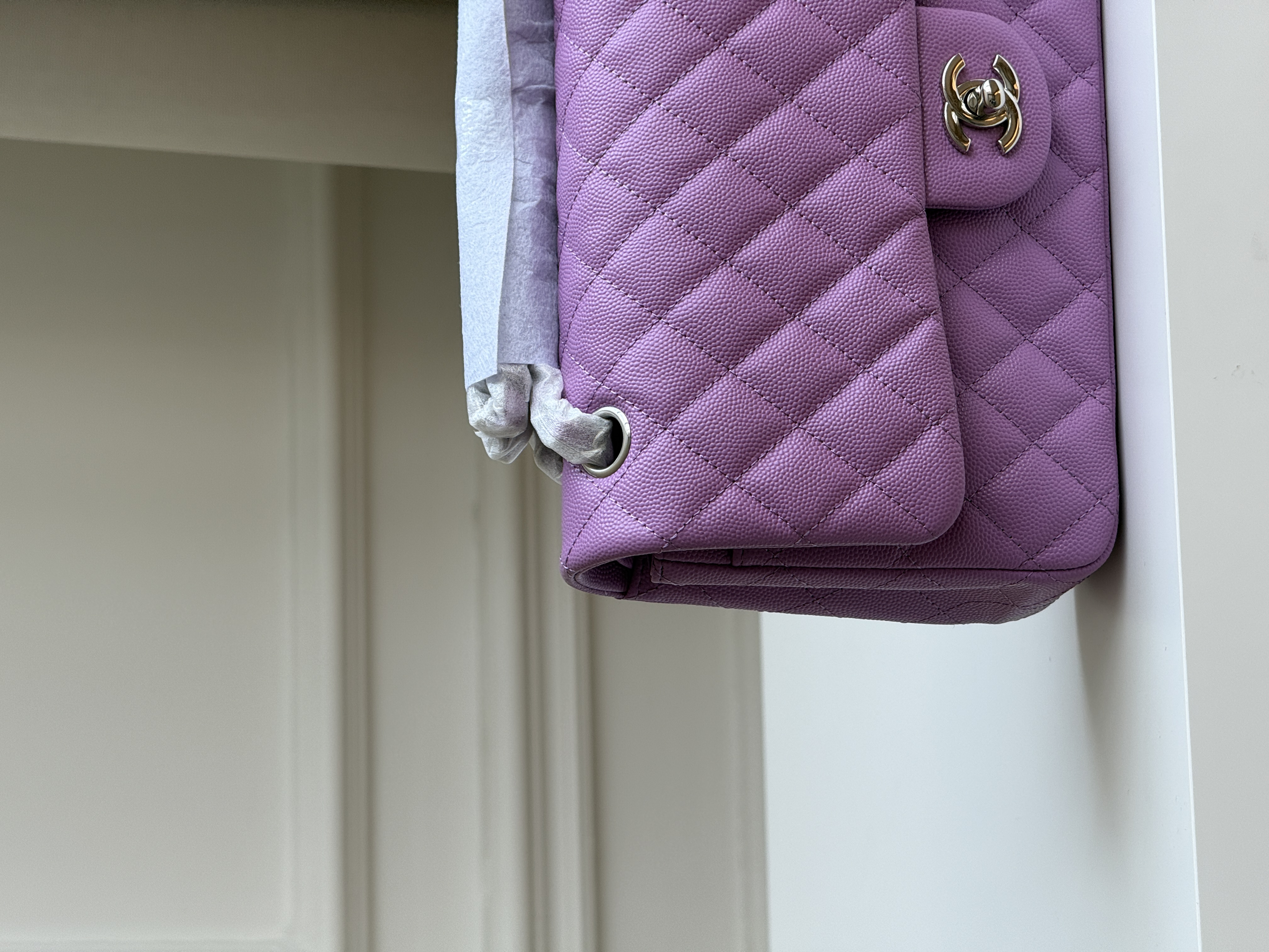 Chanel Light Purple Caviar Leather Quilted Classic Flap Medium Shoulder Crossbody Bag With Light Gold CC Turnlock