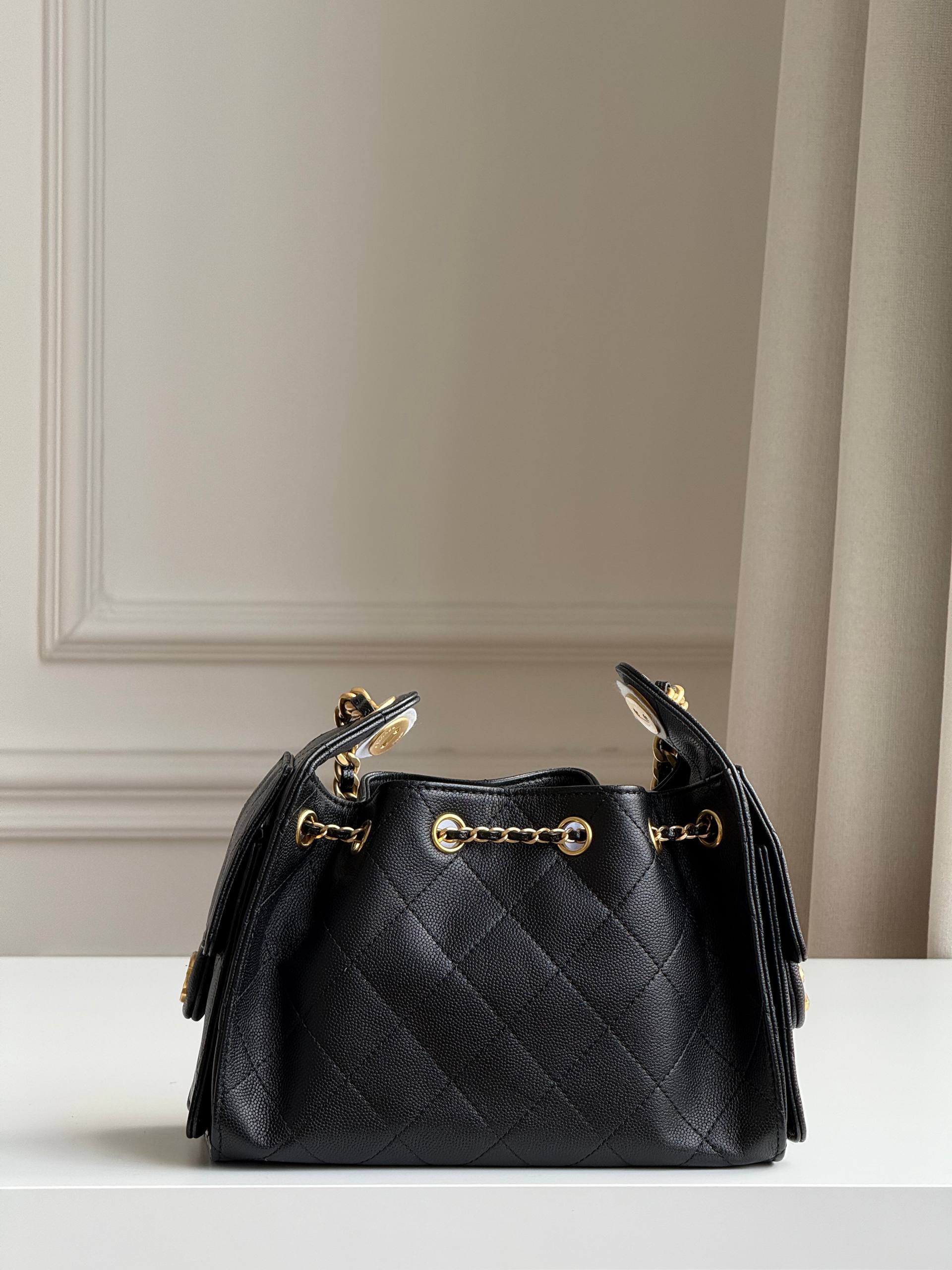 Chanel Caviar Leather Drawstring Bucket Bag with Chain Strap