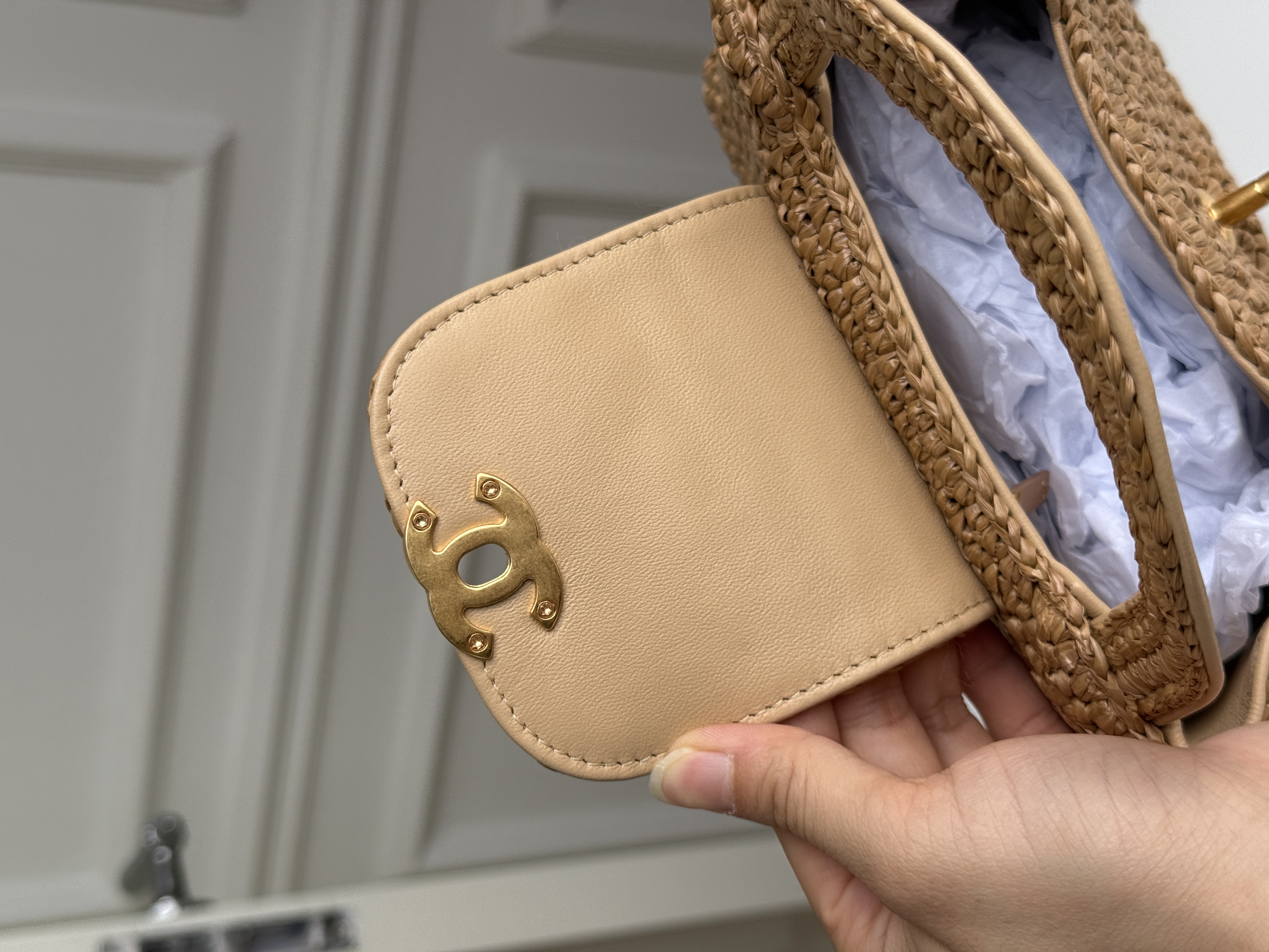 CHANEL Light Brown Raffia Woven Mini CC Flap Handbag
