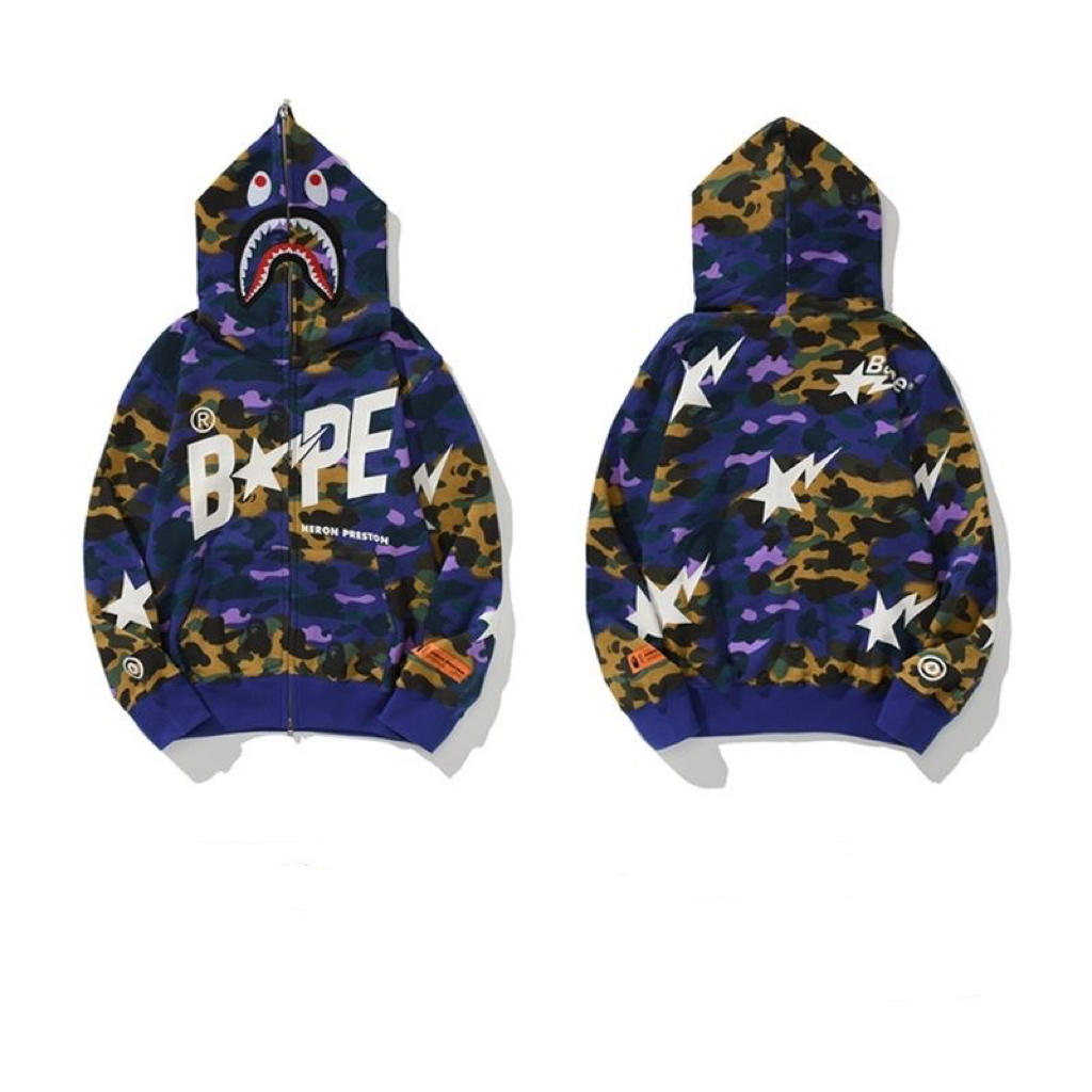 Star embroidery shark face zip up hoodie