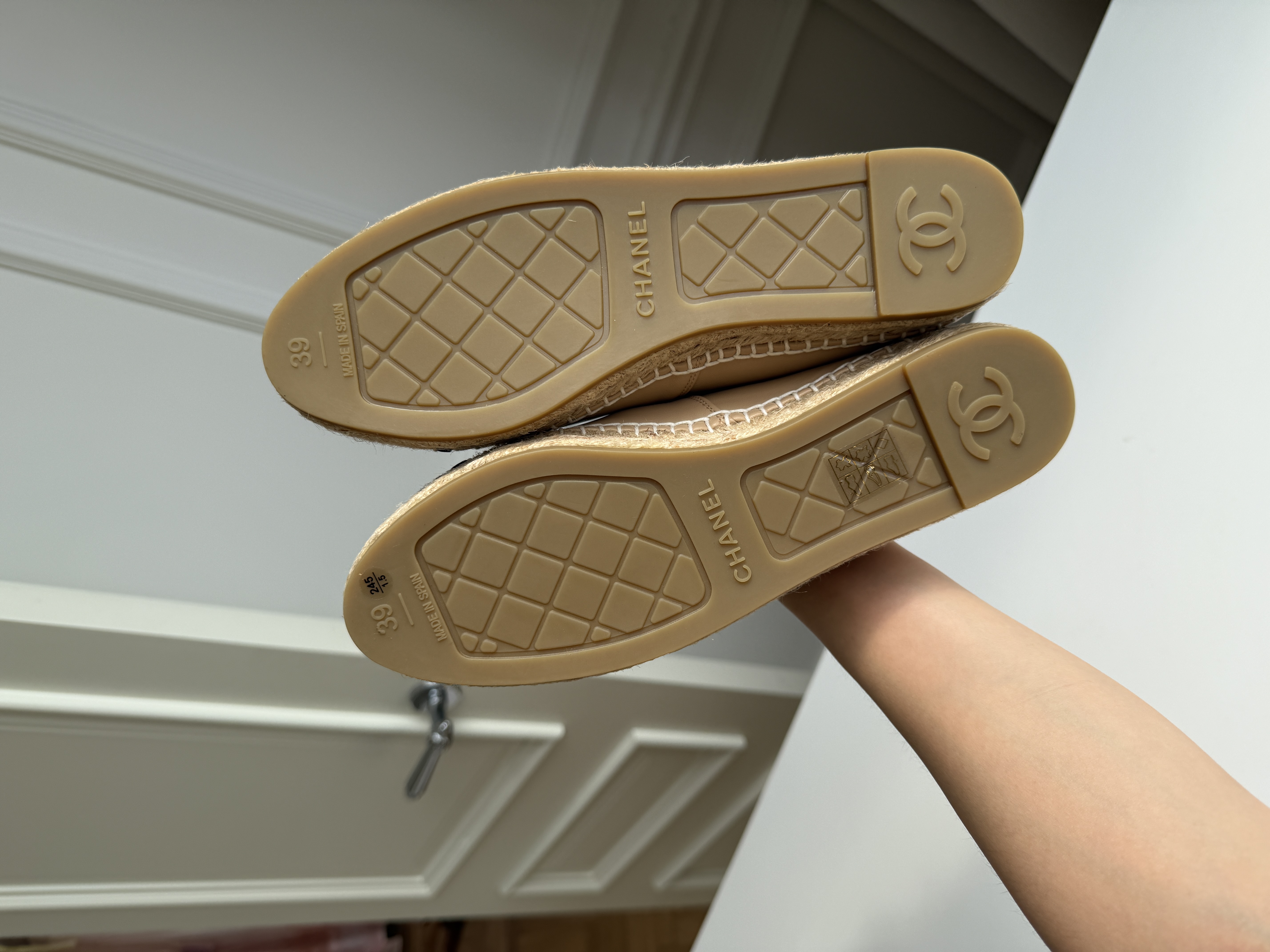 Chanel Beige & Black Lambskin Interlocking CC Embroidery Flat Espadrilles
