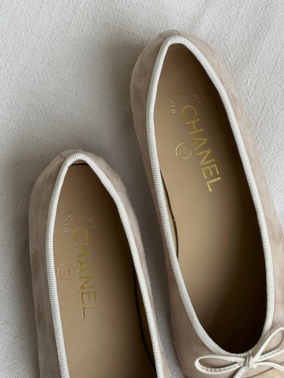 Chanel Nude Suede Two-Tone Bow CC Embossed Ballet Flats