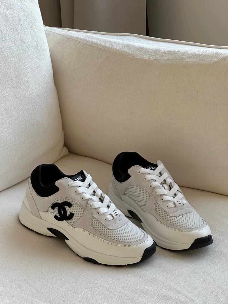 Chanel Gray-white Color-block CC Logo Mesh Suede Chunky Sole Dad Sneakers