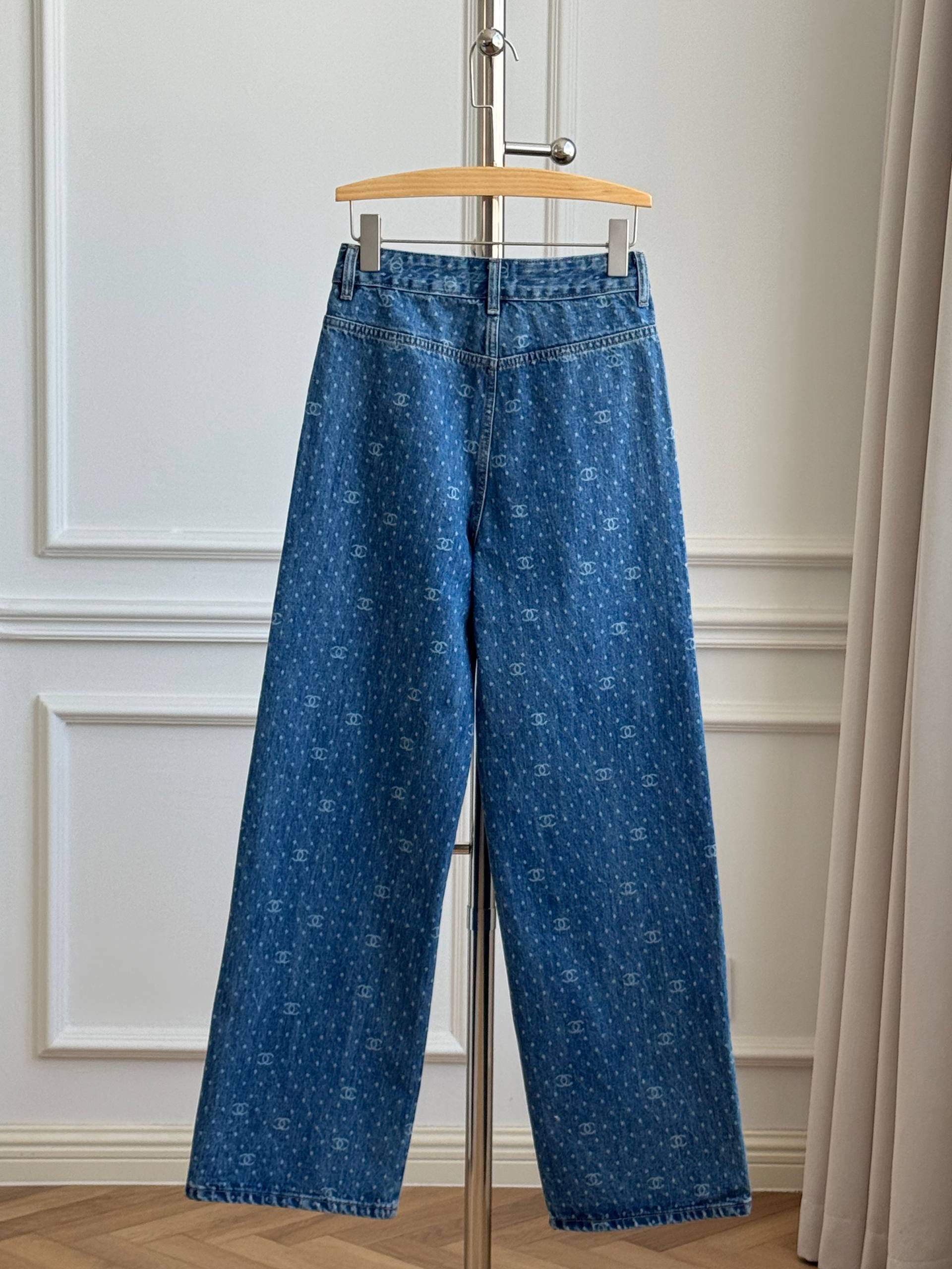 Chanel All-Over CC Monogram Print High-Waisted Wide-Leg Jeans