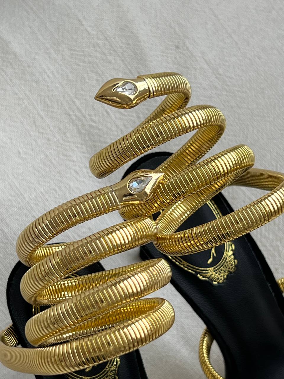 Rene Caovilla Black Velvet Gold Snake Wrap Stiletto Sandals