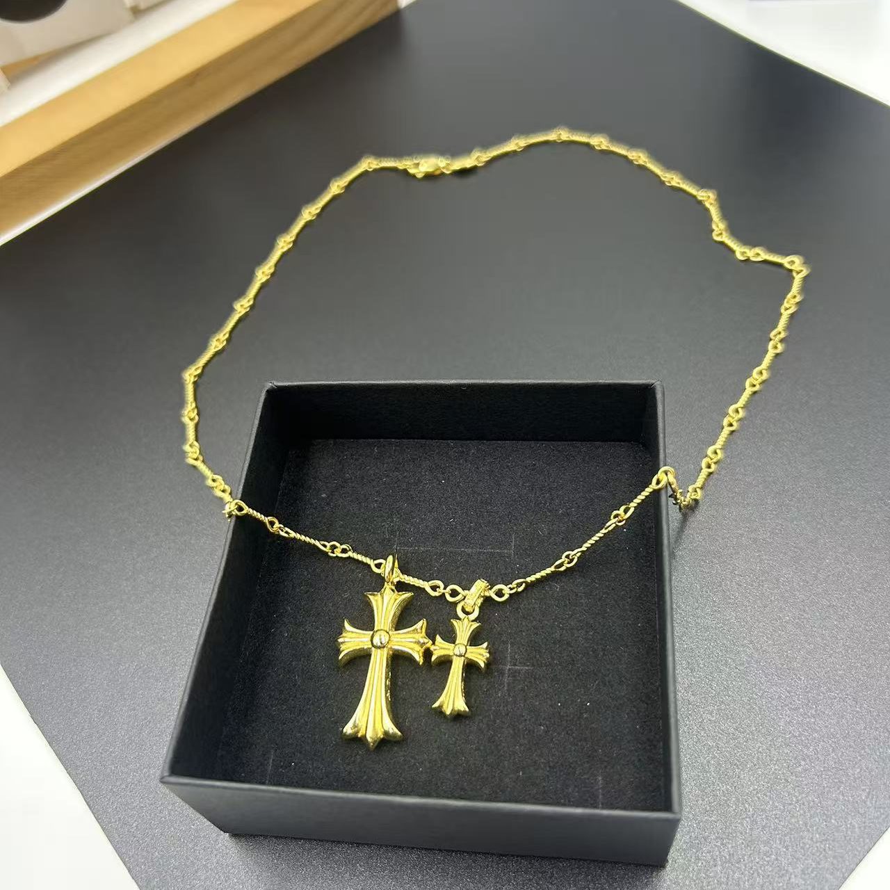 CHROME HEARTS 22K GOLD GREEN DIAMOND DOUBLE CROSS LAYERED NECKLACE