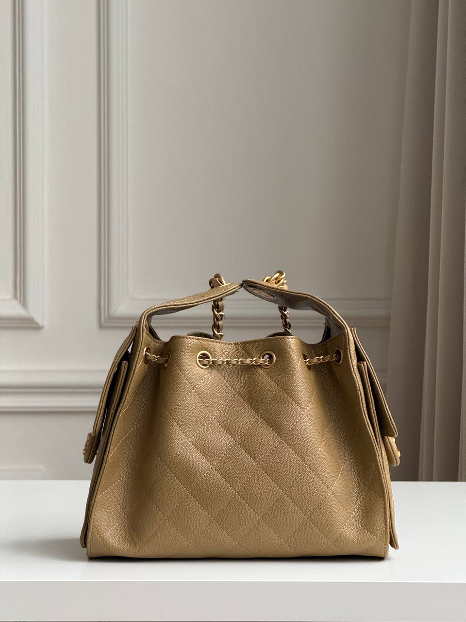 Chanel 25 Caramel Caviar Quilted Drawstring Bucket Bag