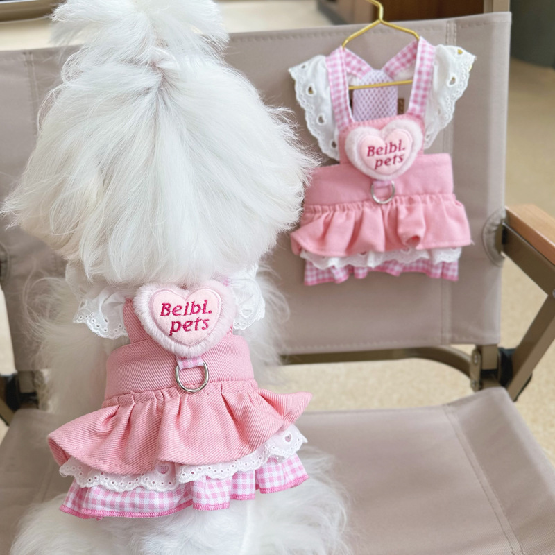 Pink Denim Dog Harness Dress Lace Ruffle Heart Gingham Check No Pull Vest with Leash Ring - MAISONKAIRON