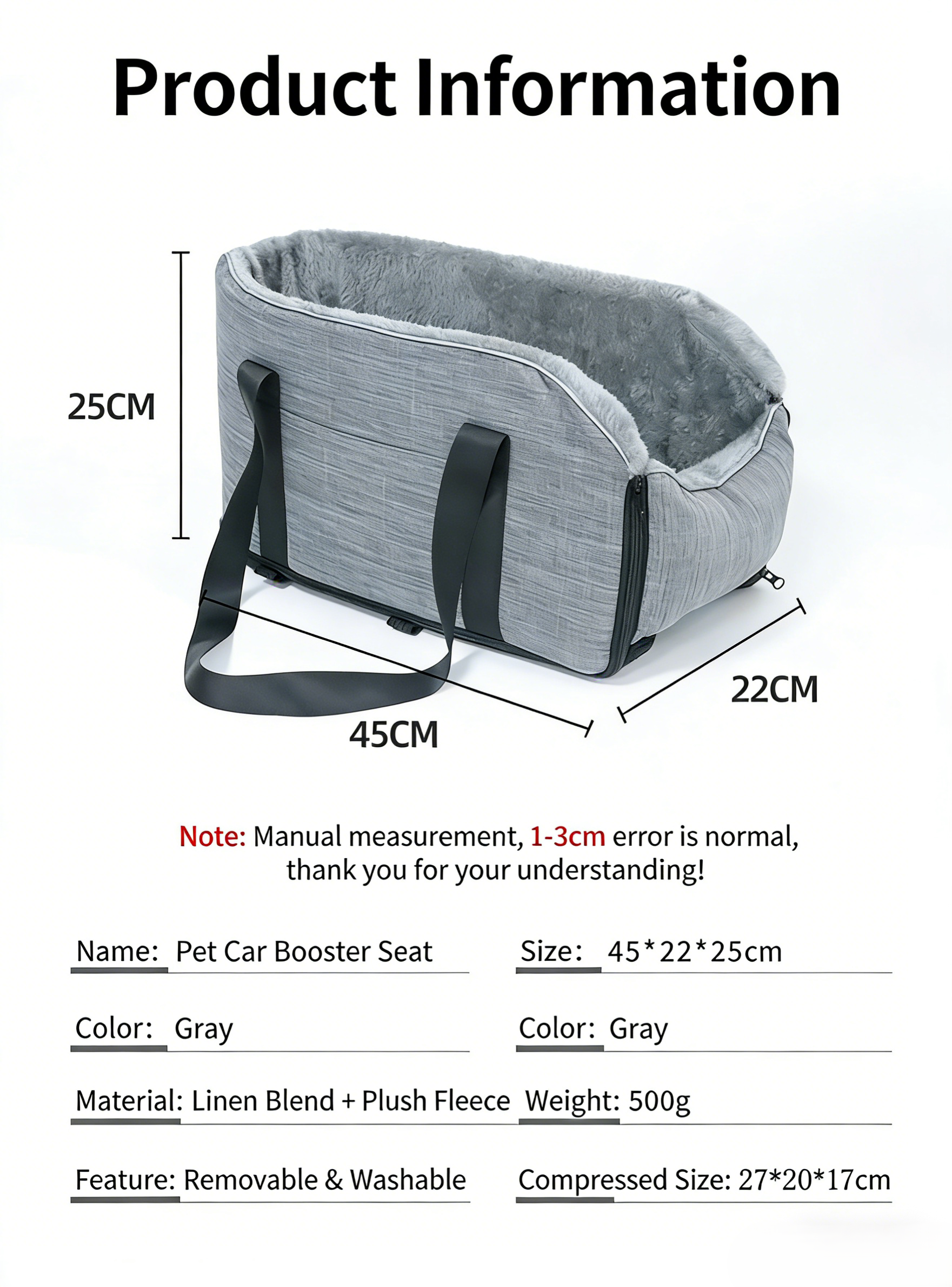 Cozy Fleece Pet Car Seat Portable Detachable Dog Cat Travel Carrier /Grey - MAISONKAIRON