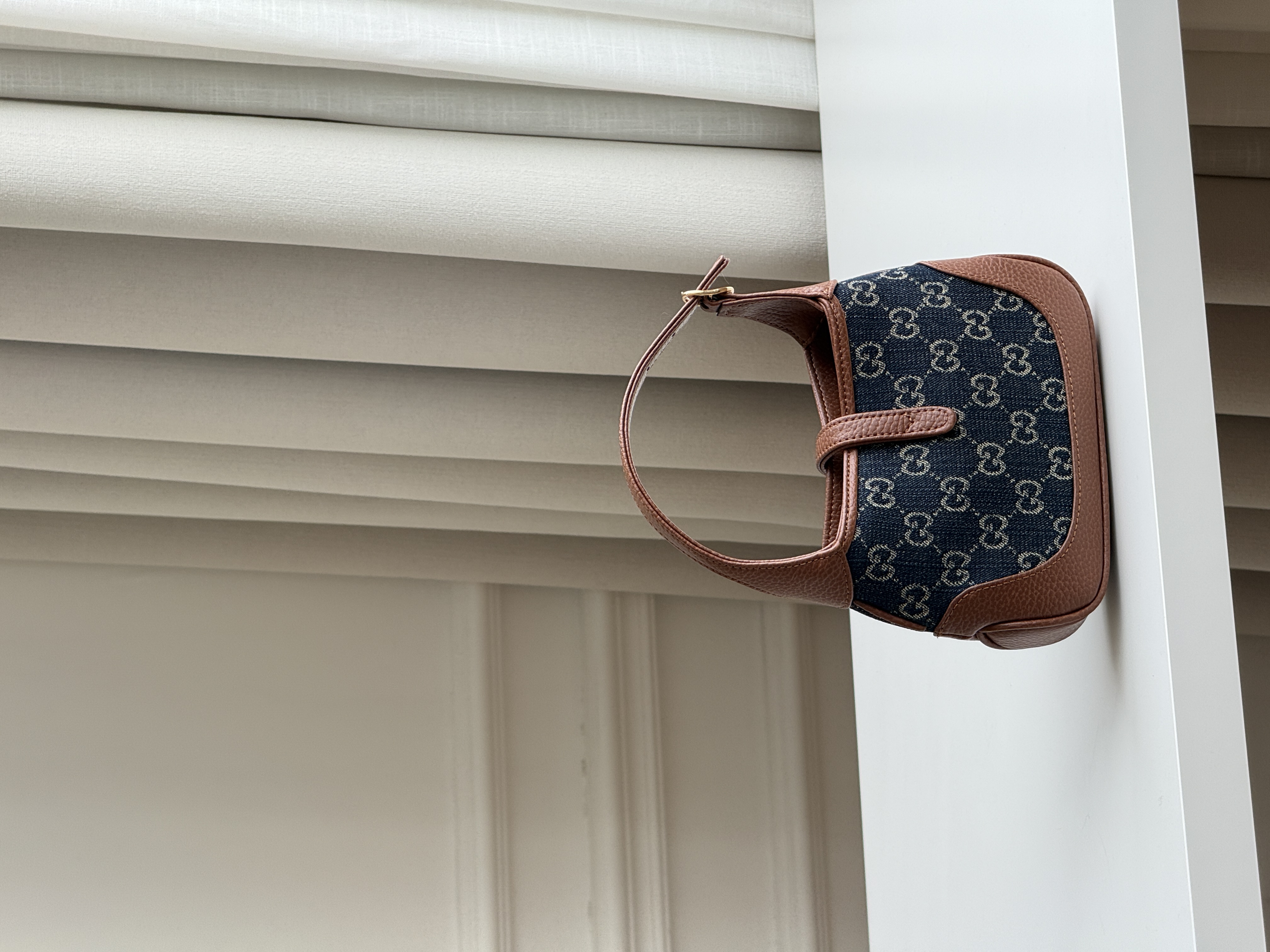 Gucci Mini Jackie Denim GG Monogram Leather Trim Hobo Handbag