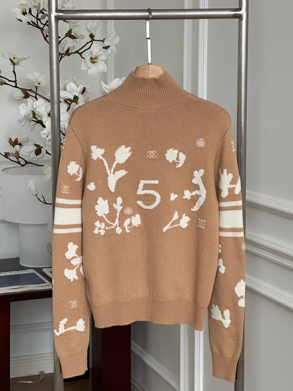 CHANEL Floral Interlocking CC Jacquard Turtleneck Knit Sweater