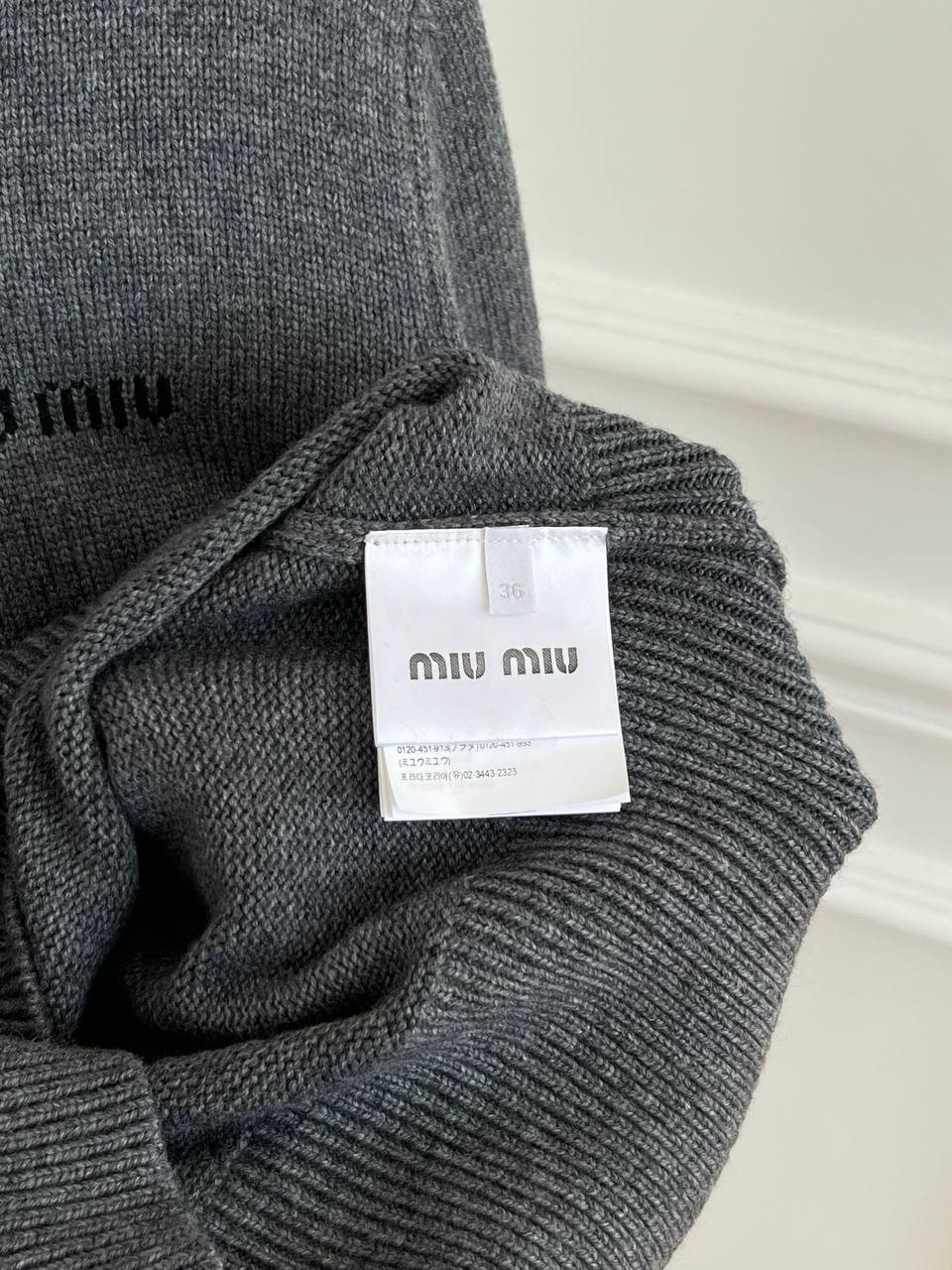 Miu Miu Dark Grey Half-Zip Collared Embroidered Cropped Wool Knit Sweater