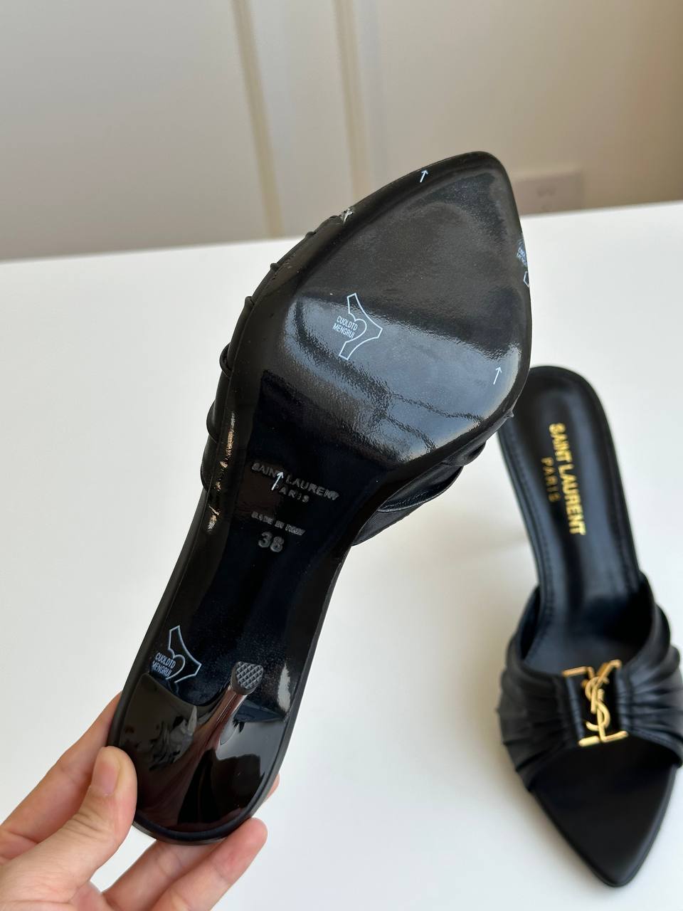 Saint Laurent Black Lambskin Ruched Front Gold YSL Logo Pointed Toe Stiletto Mule Slides