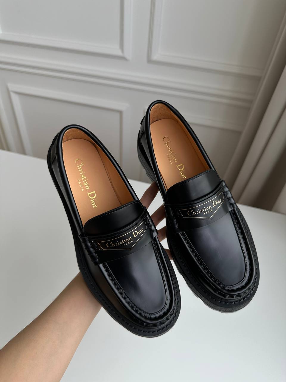 Christian Dior Black Polished Calfskin Metal Plaque Chunky Loafers