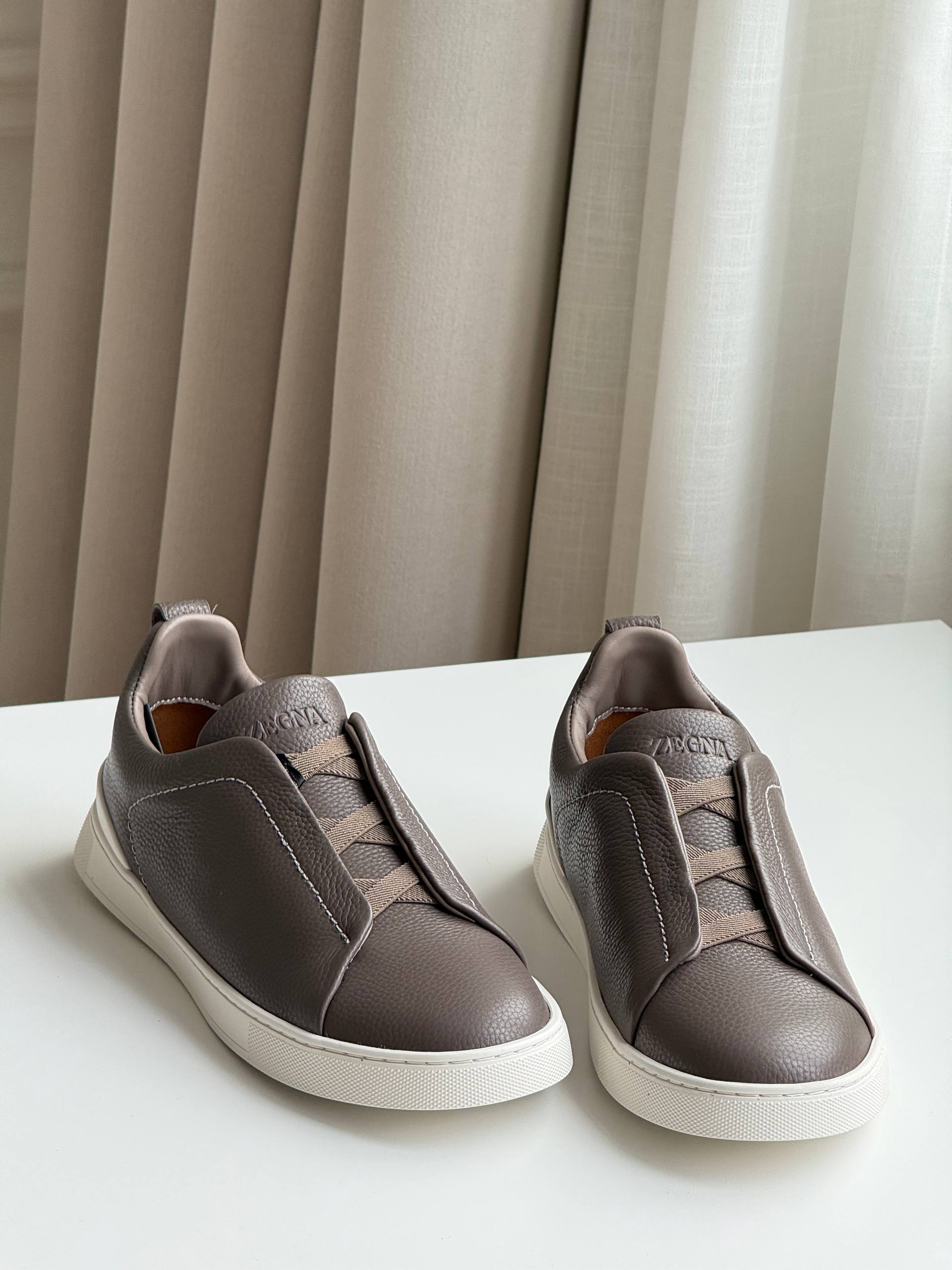Zegna Triple Stitch Slip-On Elastic Cross Strap Leather Sneakers