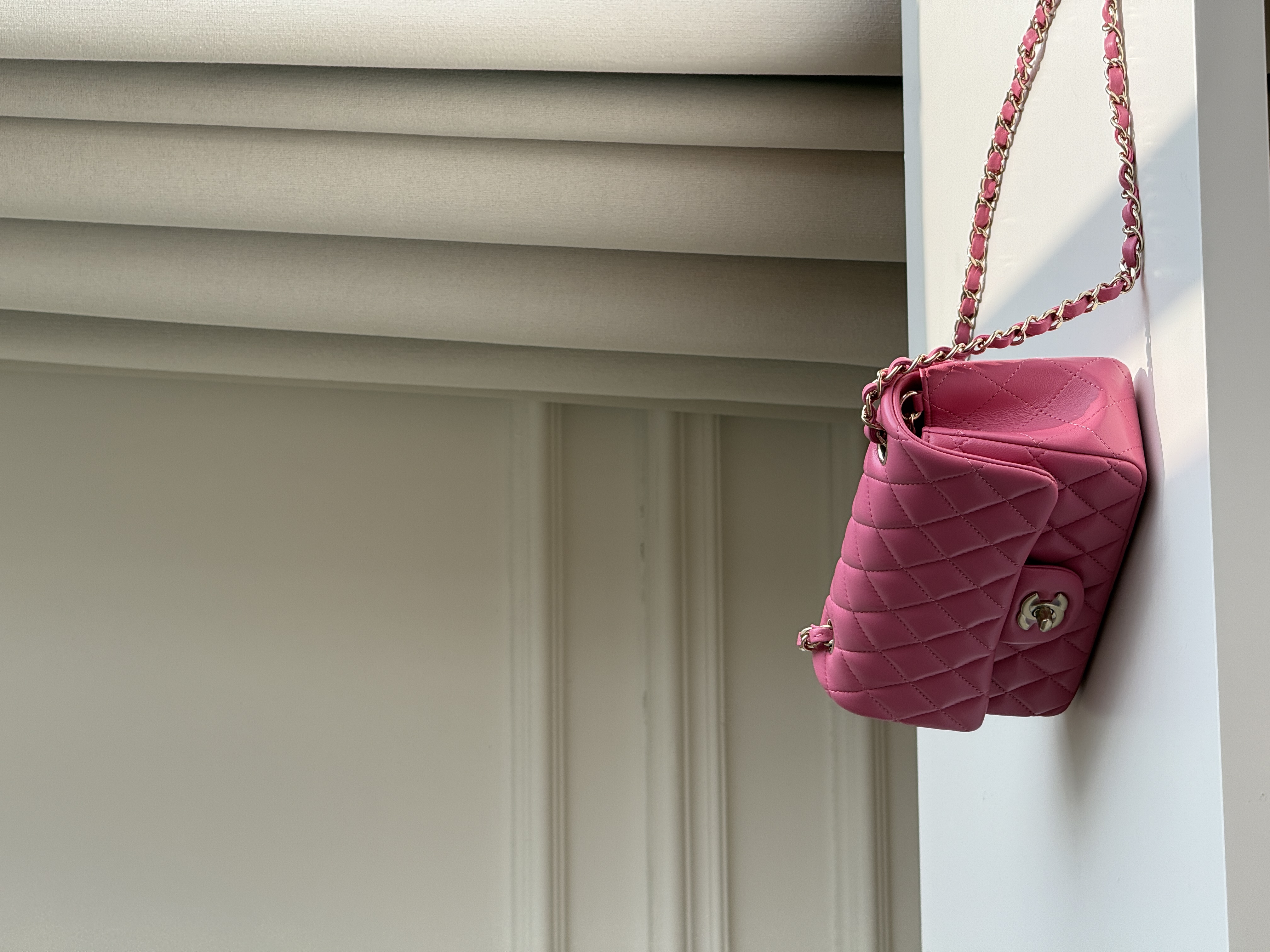 Chanel Hot Pink Lambskin Mini Classic Flap Gold CC Chain Bag