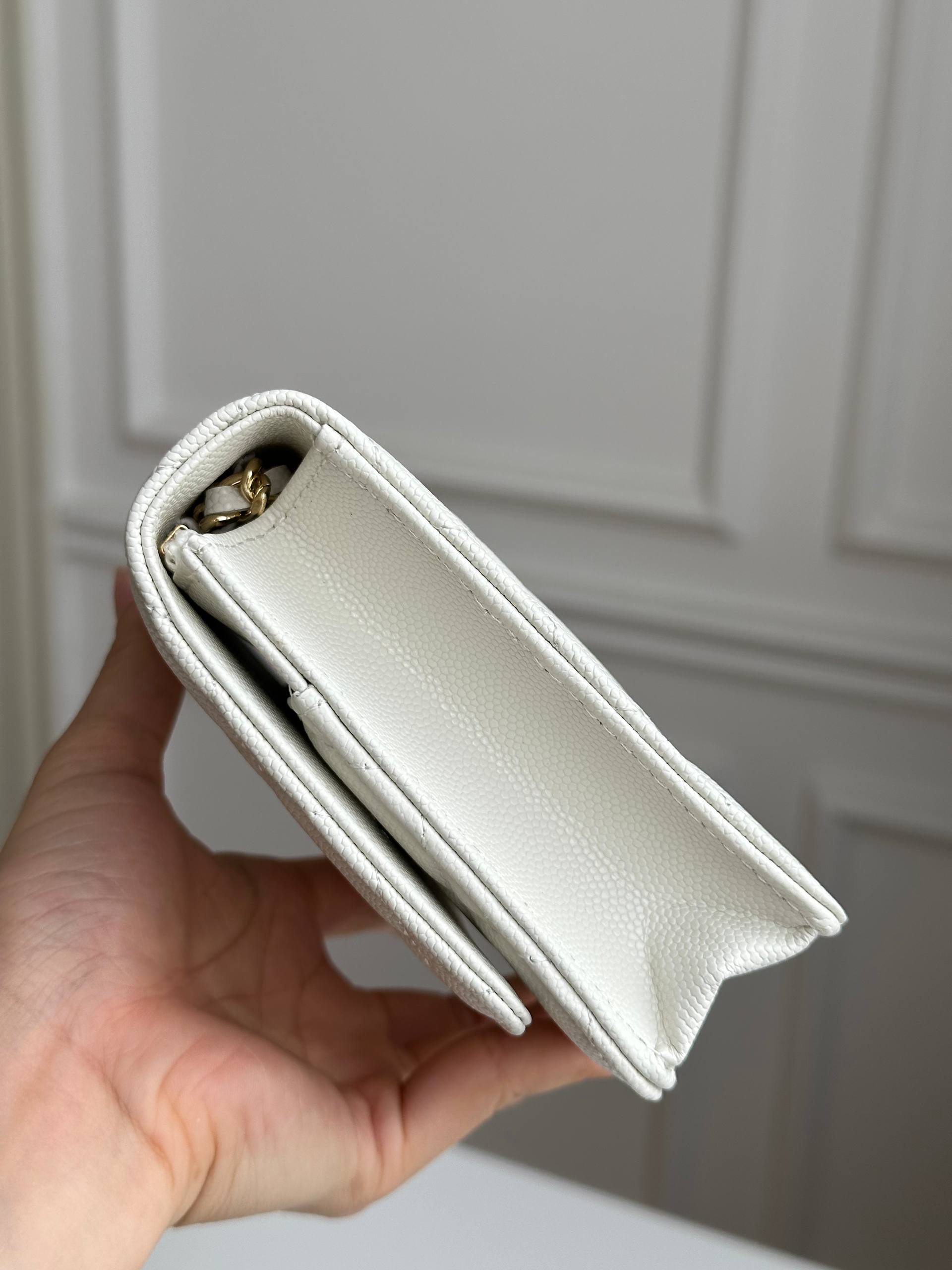 Chanel Classic Quilted Caviar Leather Wallet On Chain (WOC) in White with Gold Hardware