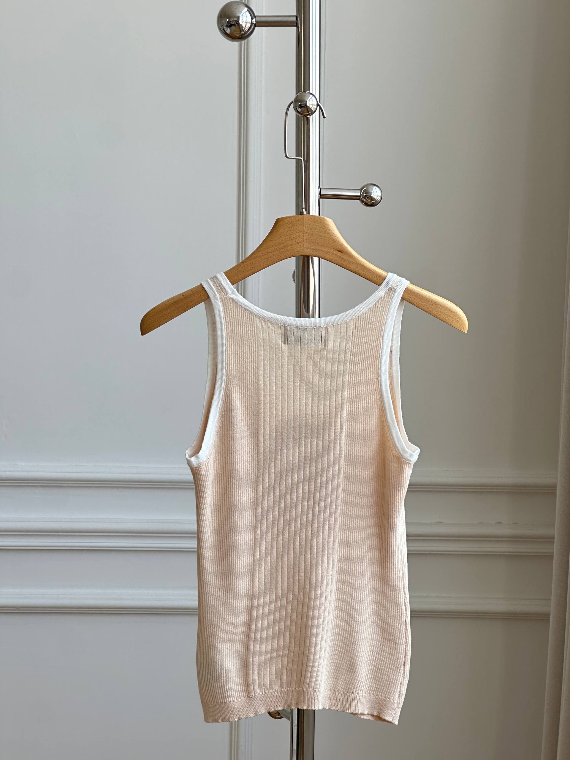 Chanel Light Apricot Ribbed Knit Tank Top with White Trim & CC Logo