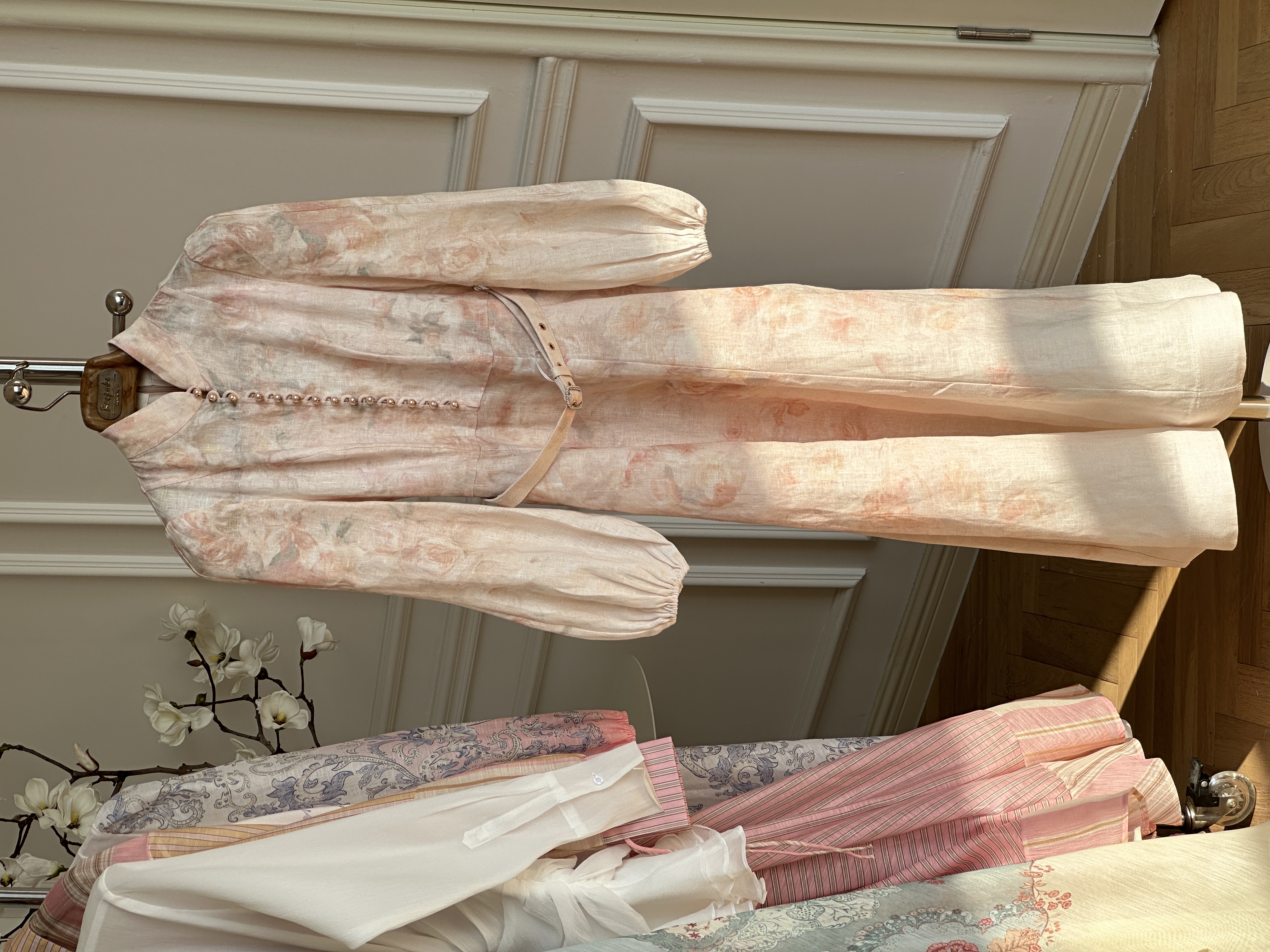 Chinese Stand Collar Pearl Buttons Lantern Sleeve Watercolor Floral Belted Maxi Dress