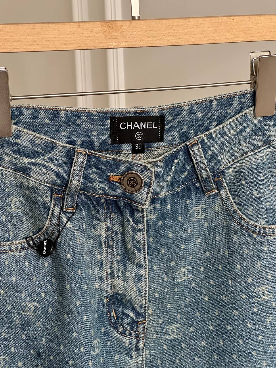 Chanel Light Wash Blue All Over Interlocking CC Polka Dot High Waist Wide Leg Jeans