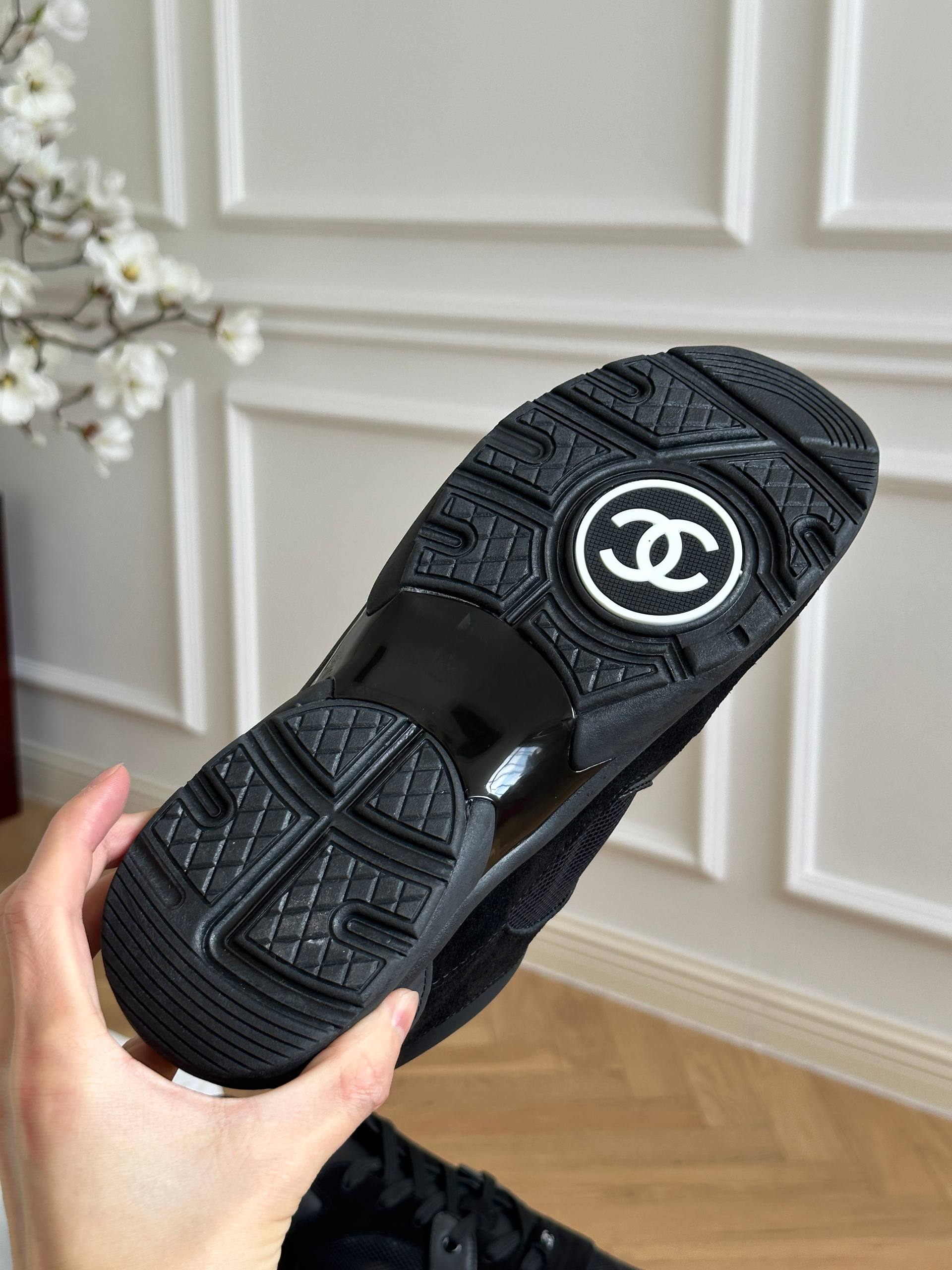 Chanel All-black Suede Mesh Panel CC Logo Low Top Sneakers