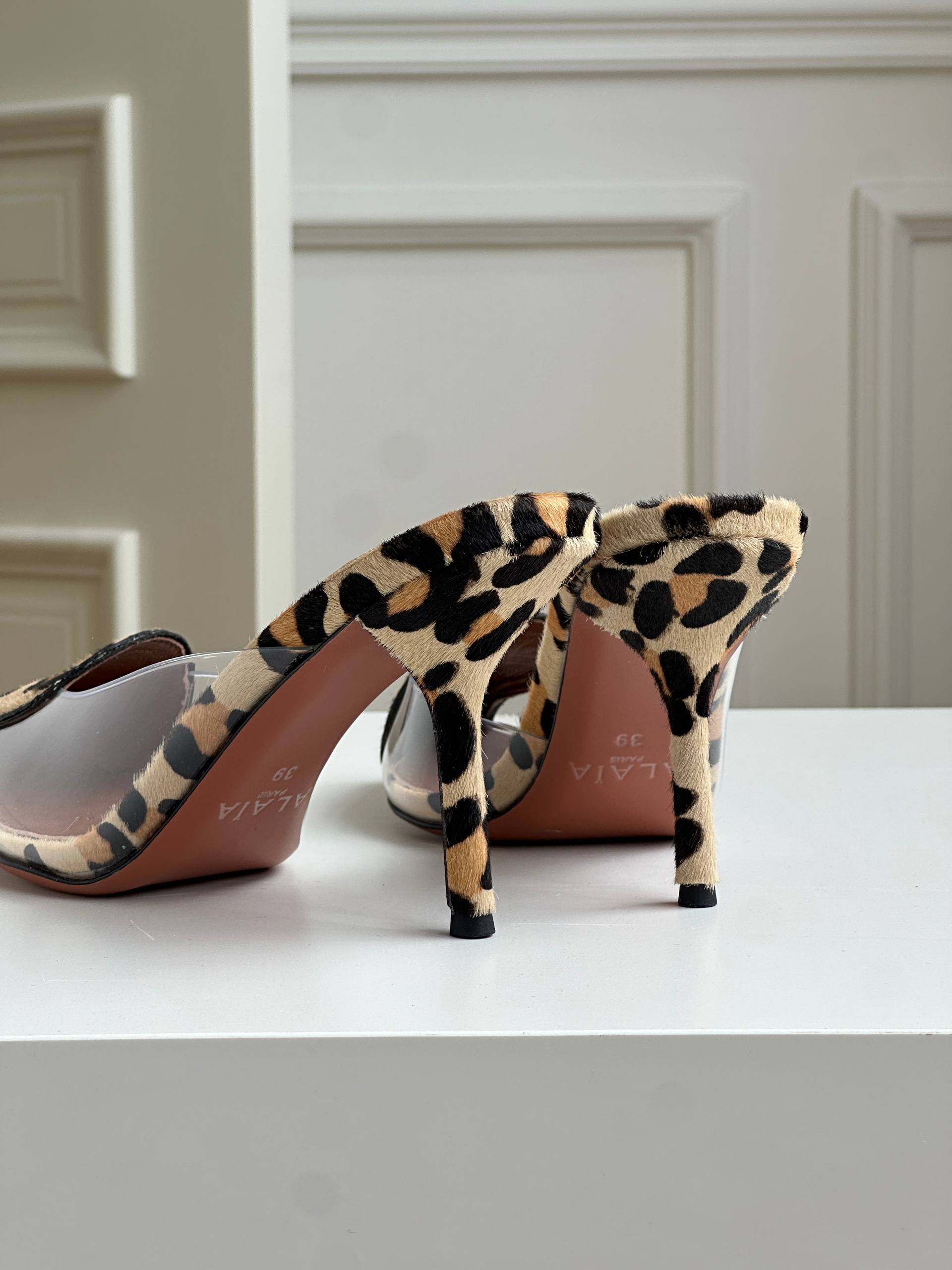ALAÏA Leopard Print Calf Hair Pointed PVC Two-Strap Mule Heels