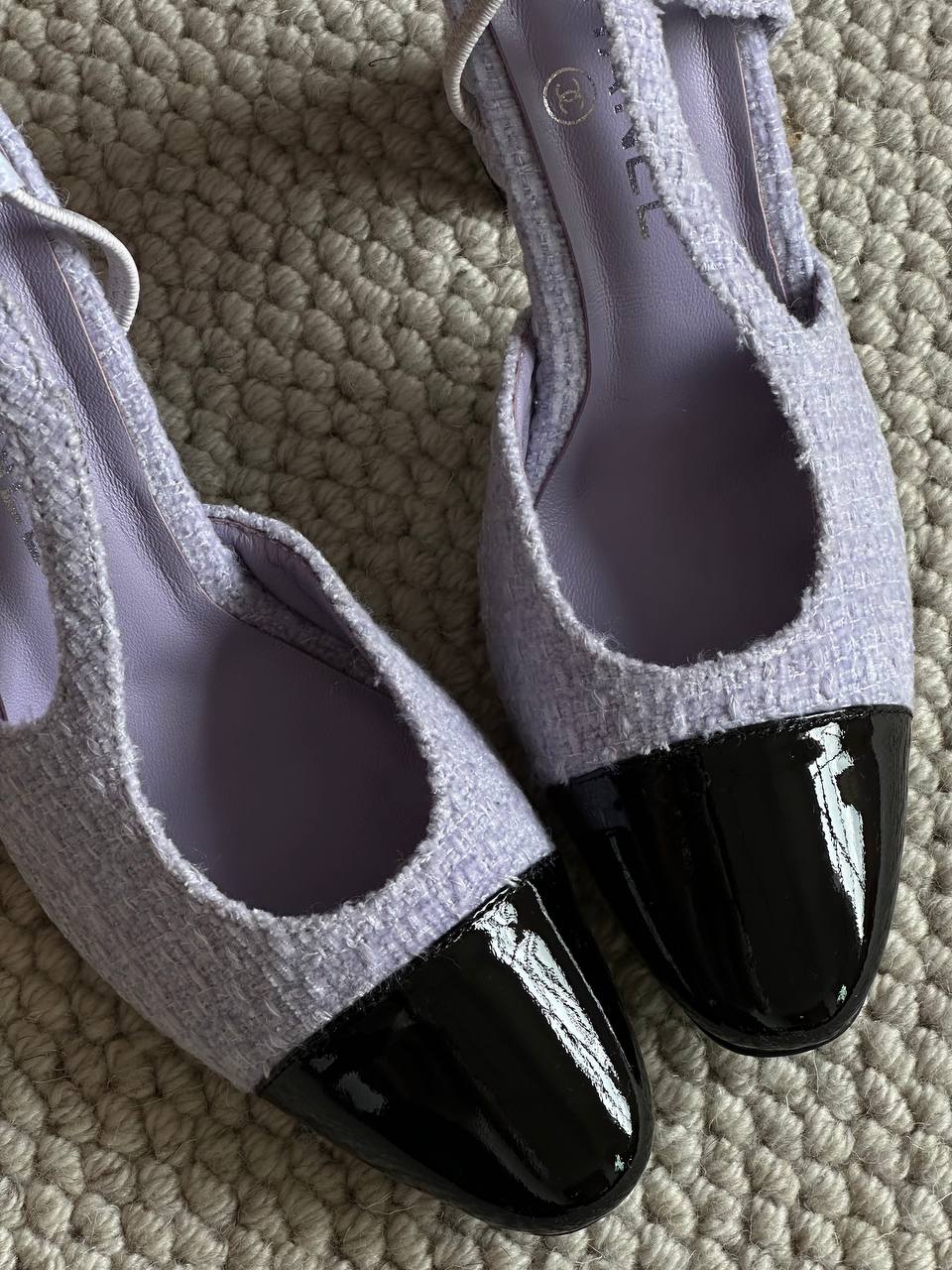 Chanel Light Purple Tweed & Black Patent Leather Pointed Slingback Block Heels