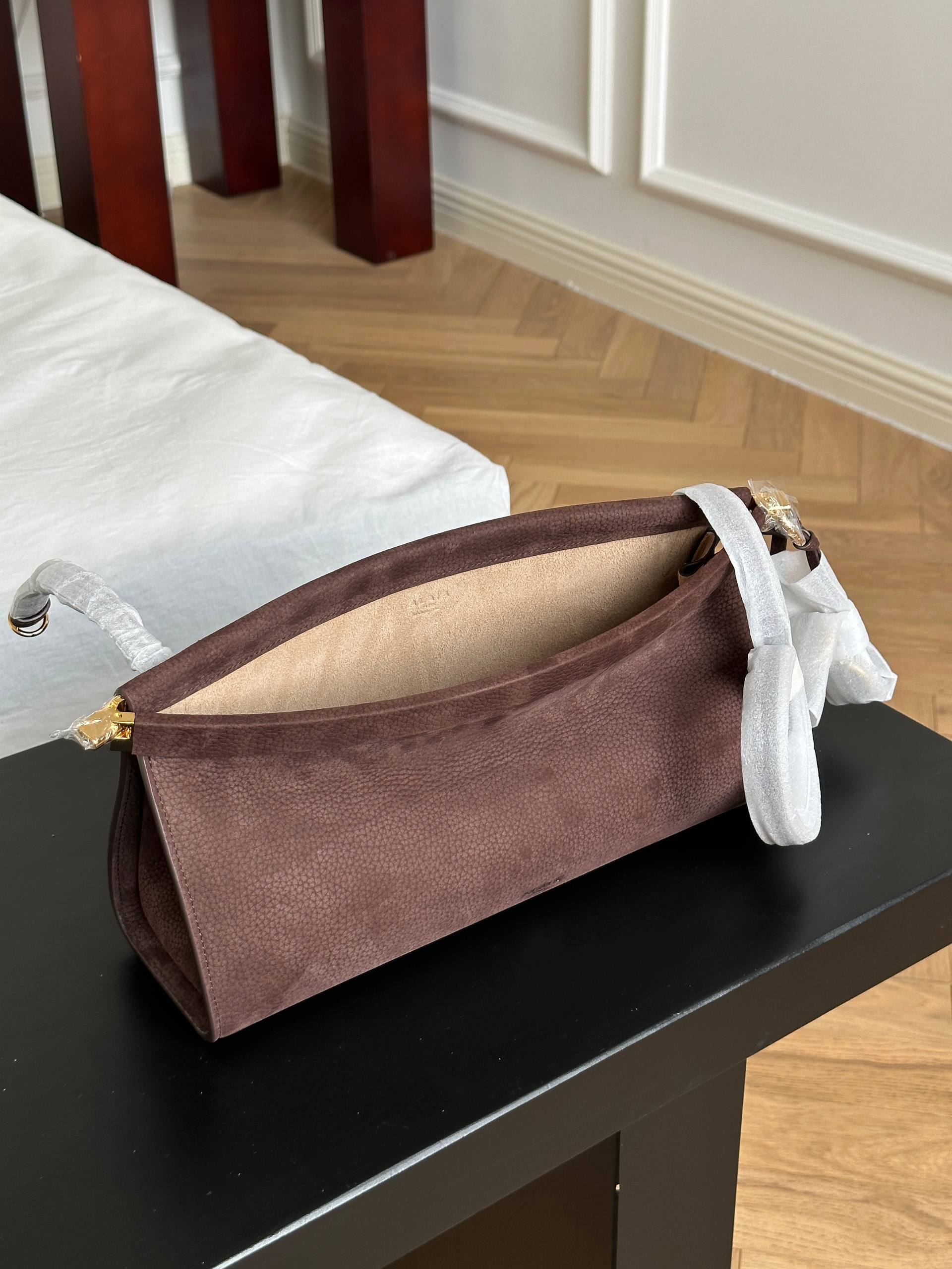 ALAIA Dark Brown Grained Leather Long Baguette Shoulder Bag