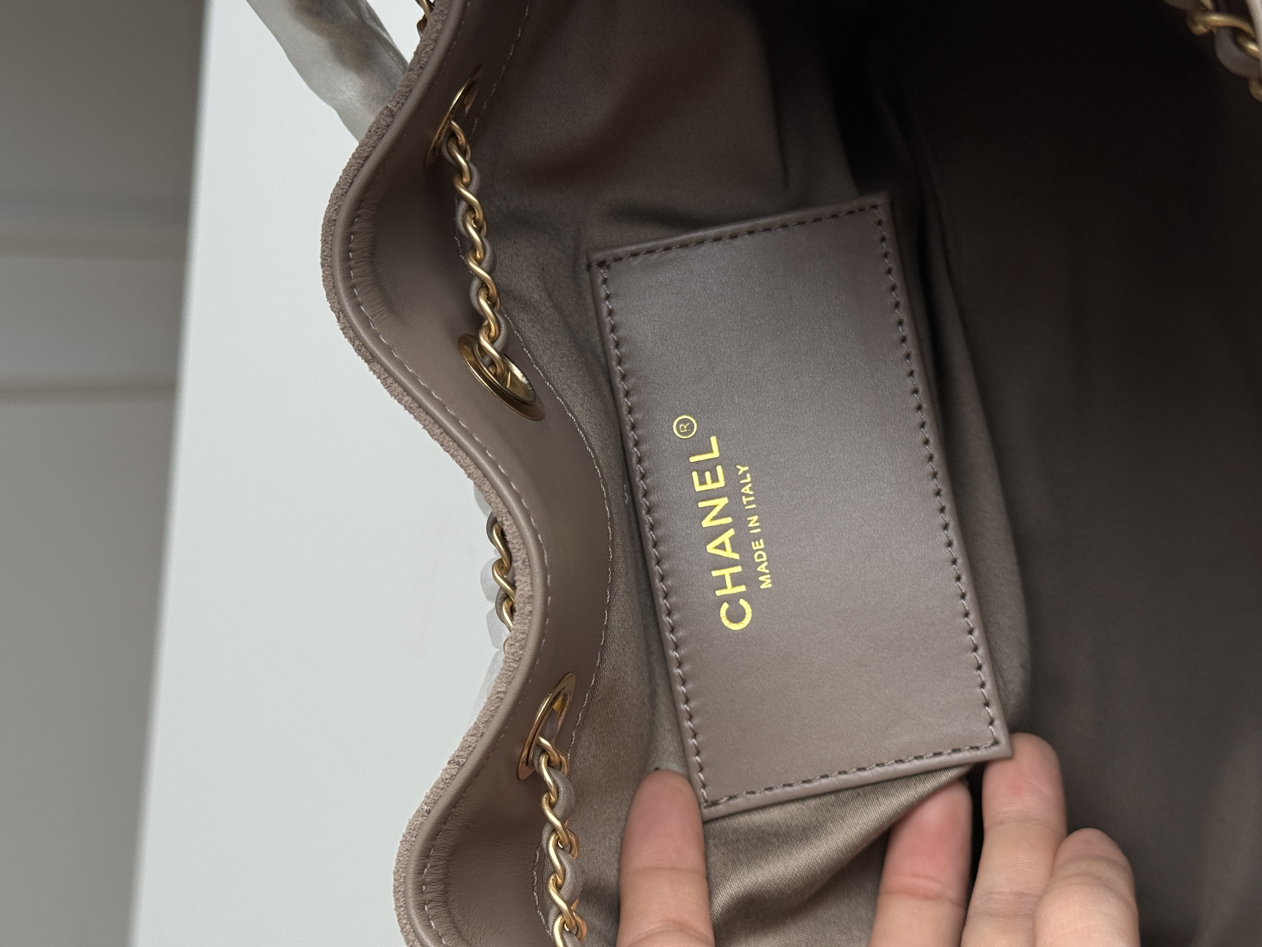 Chanel 25A Suede Quilted Drawstring Hobo Tote Bag