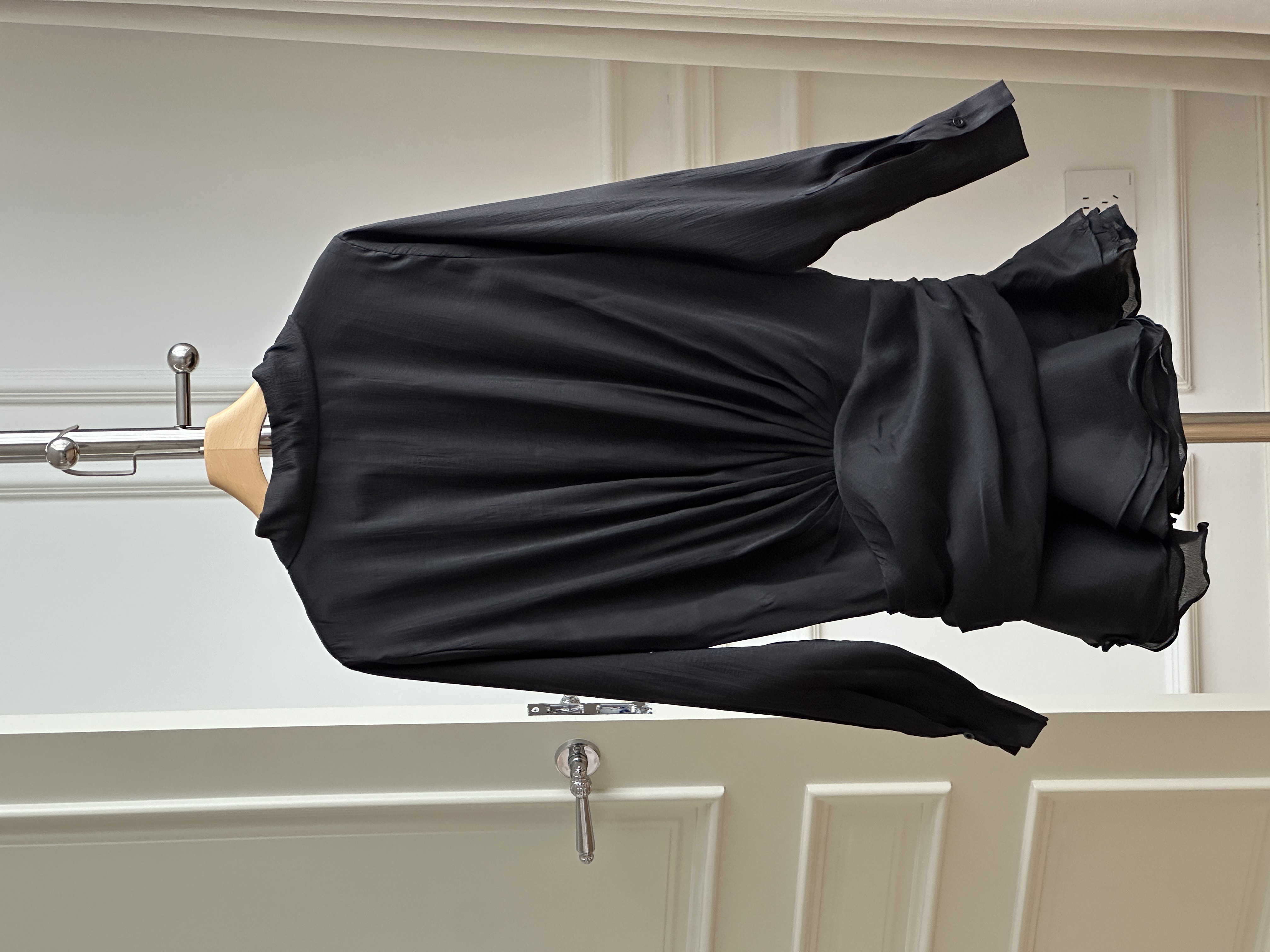 French Style Pointed Collar Ruched Ruffle Shirt Mini Dress