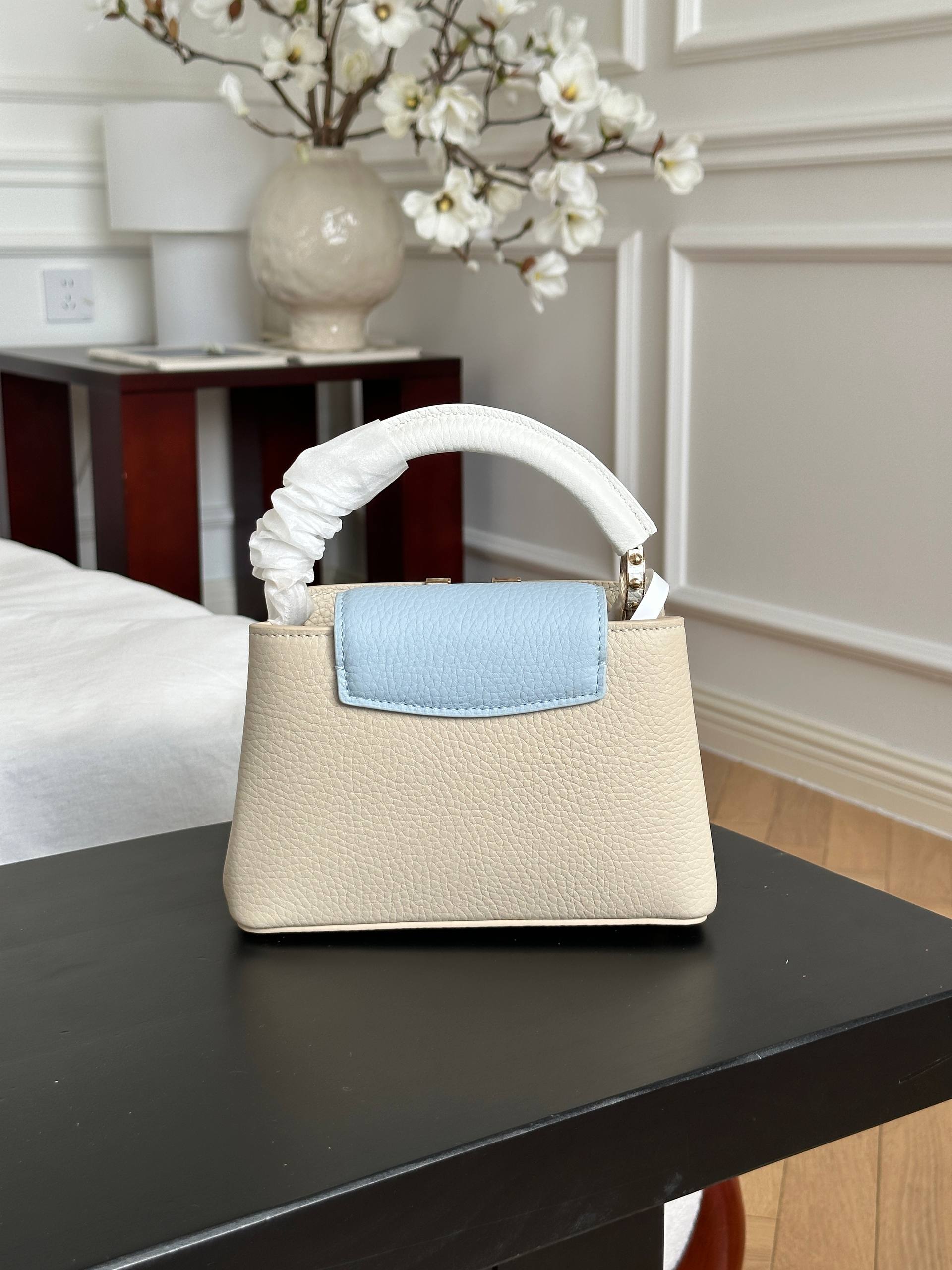 Louis Vuitton Capucines Mini Light Beige Taurillon Leather Handbag with Two Straps