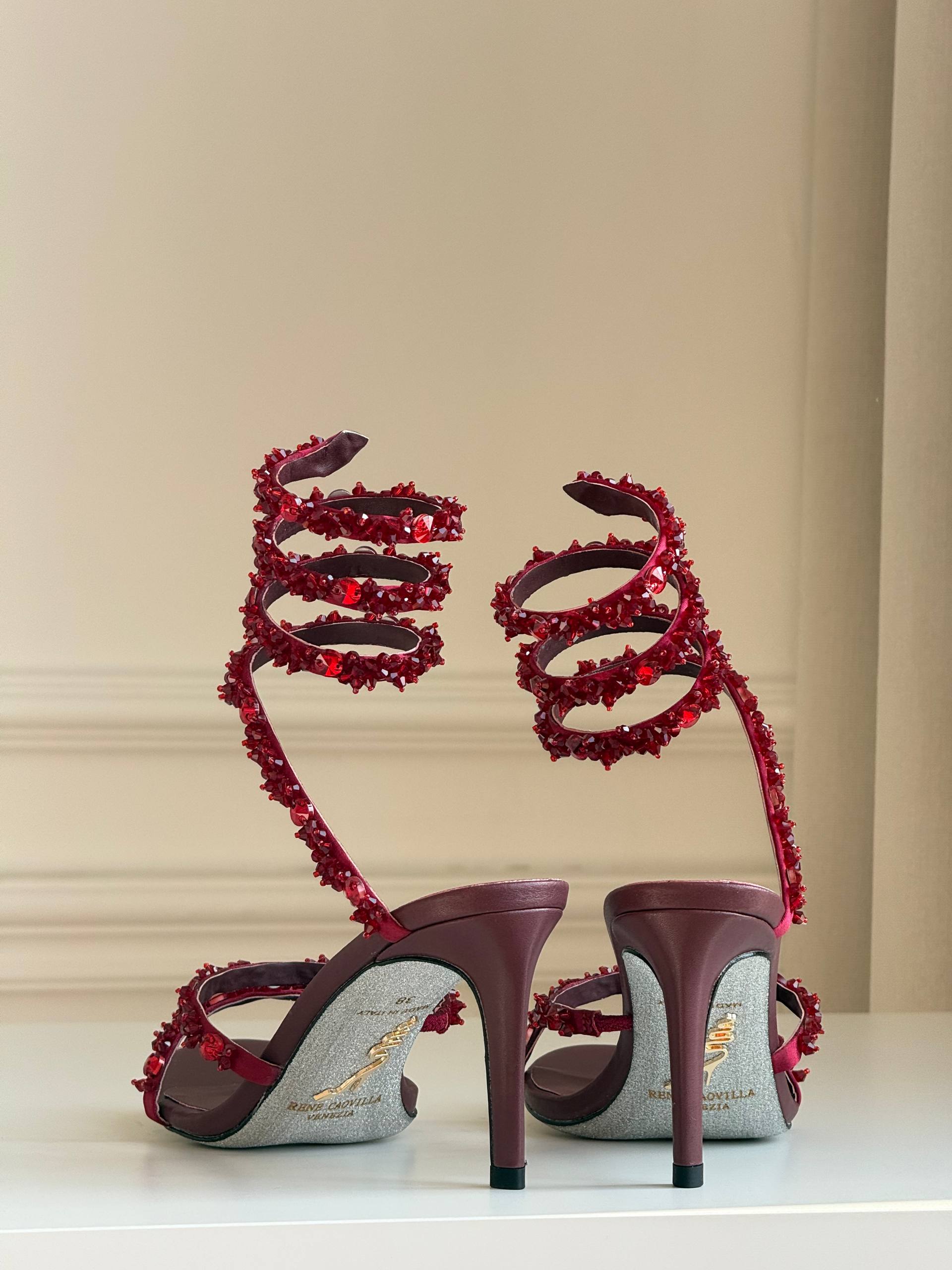 René Caovilla Cleo Burgundy Crystal Coil Strap Sandals