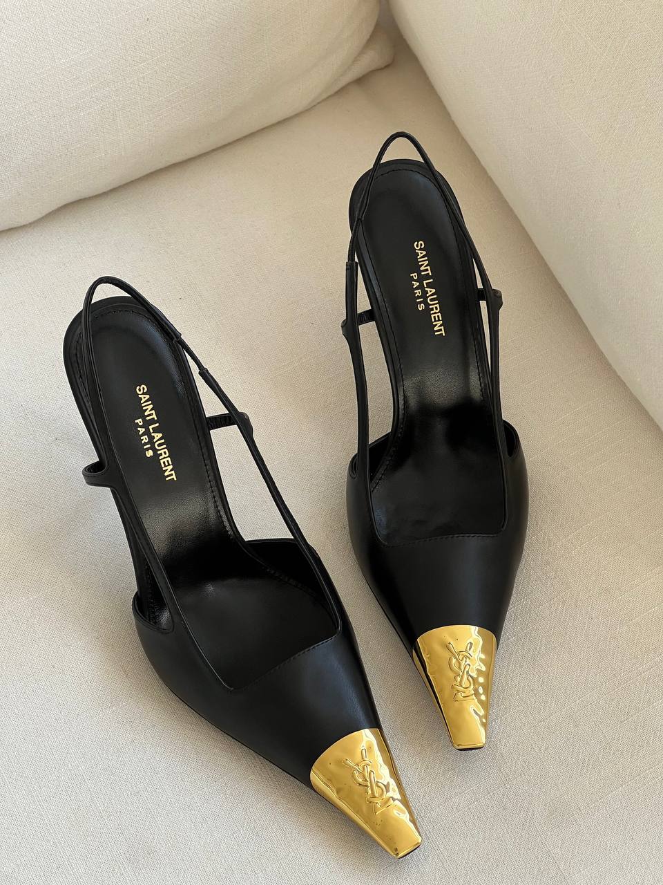 SAINT LAURENT Black Leather Metal YSL Logo Pointed Toe Slingback Stiletto Heels