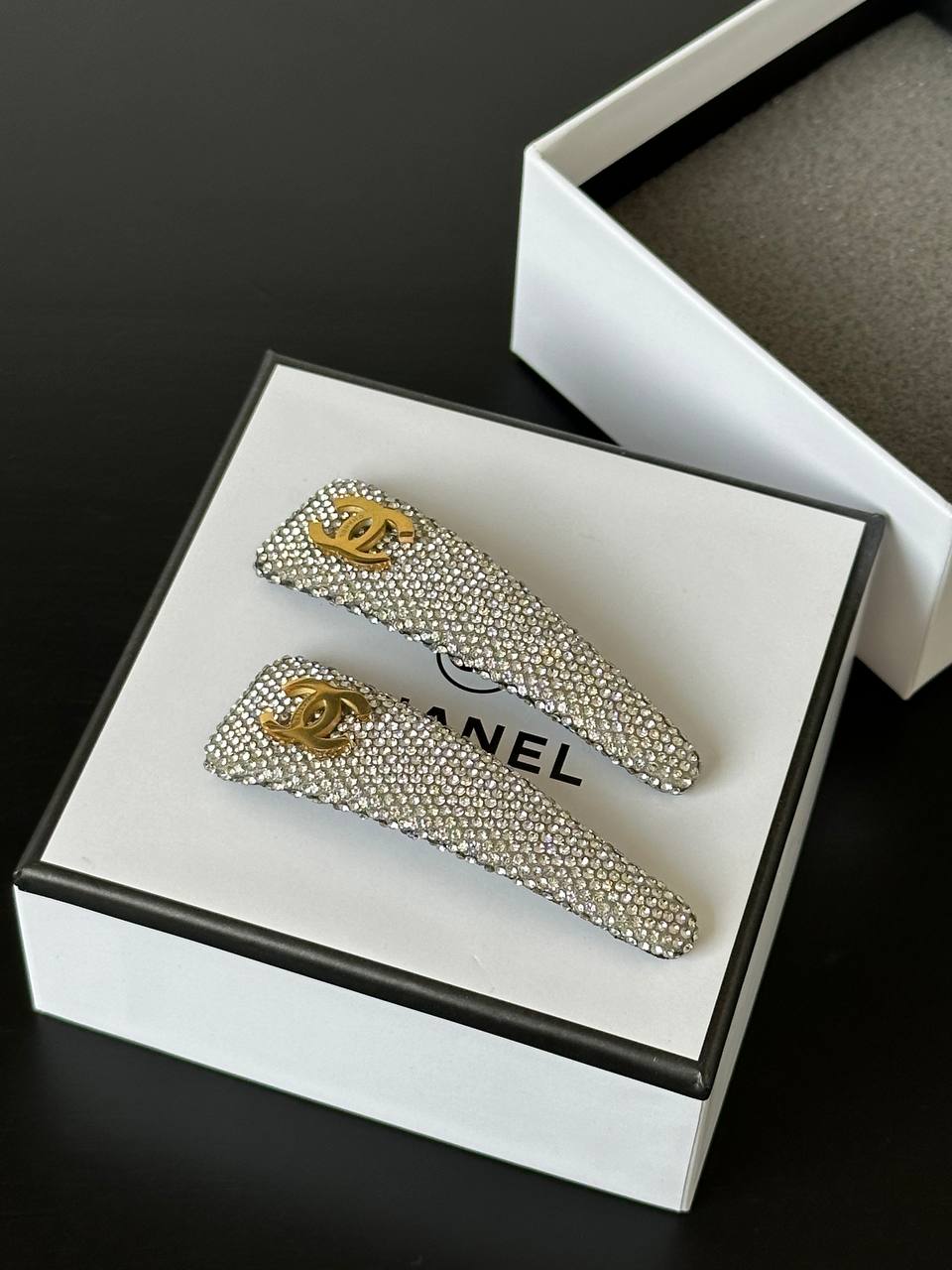CHANEL Crystal-Embellished Hair Clips with CC Logo
