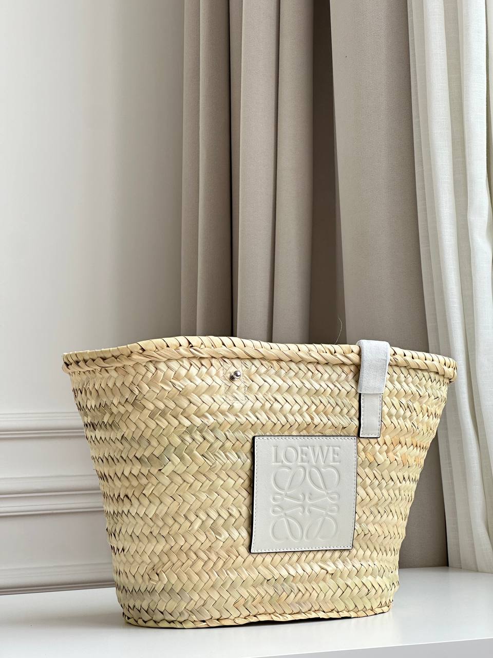 LOEWE Natural Palm Leaf & Off-White Leather Anagram Embossed Basket Tote Bag